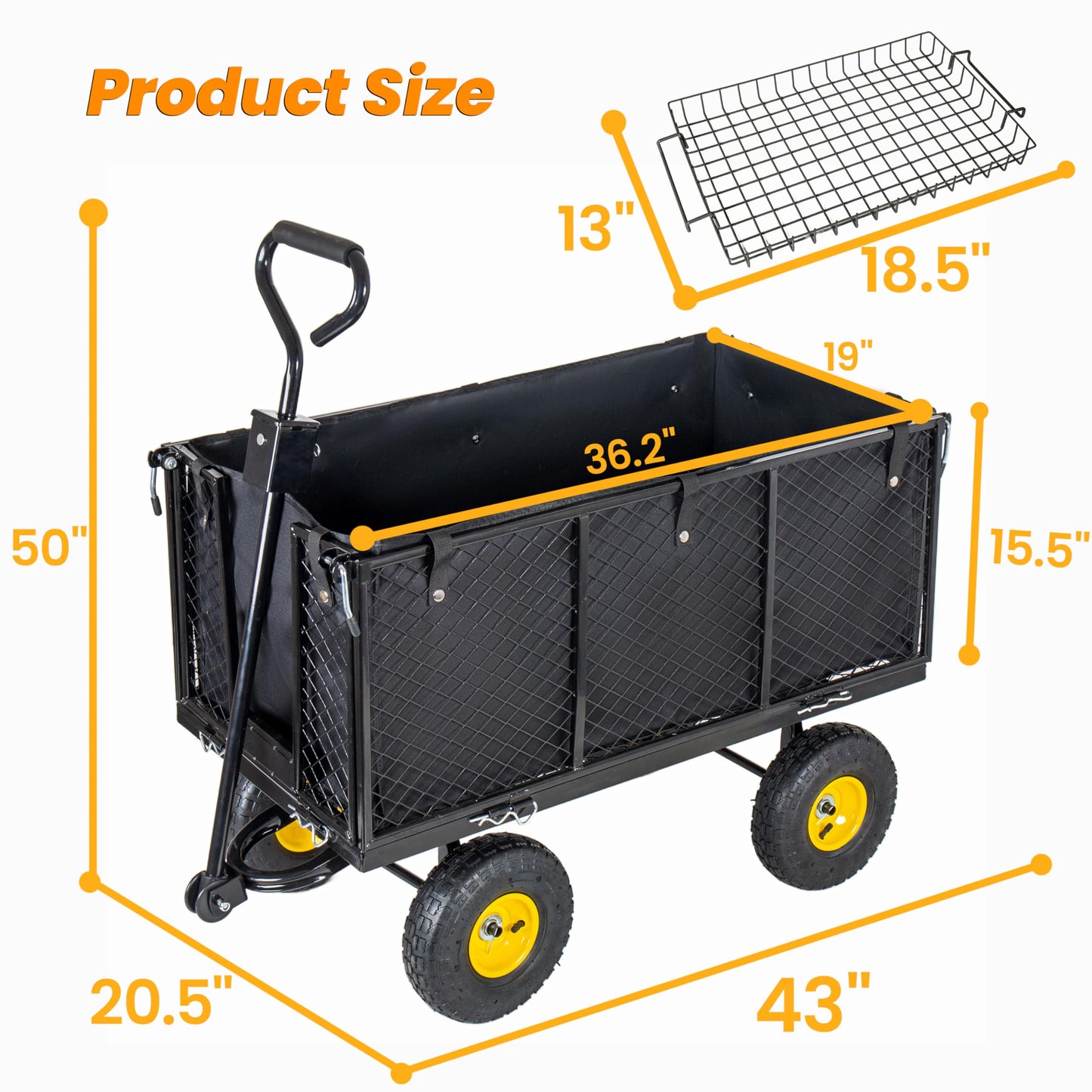 4-in-1 Heavy Duty Garden Wagon Utility Cart 880LBS, Steel Mesh Dump Wheelbarrow with 10" All-Terrain Wheels, Removable Sides & Liner, Extra High Fence, Outdoor Lawn Patio Yard Landscaping, Black