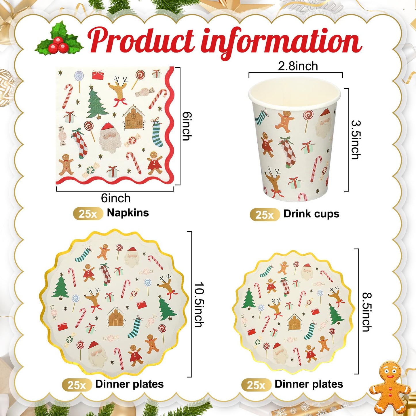 Patelai 100 Pcs Christmas Paper Plates, Cups and Napkins Disposable Christmas Party Supplies Xmas Paper Dinnerware Disposable Dessert Plate Tableware Holiday Birthday Party Decorations, Serve 25