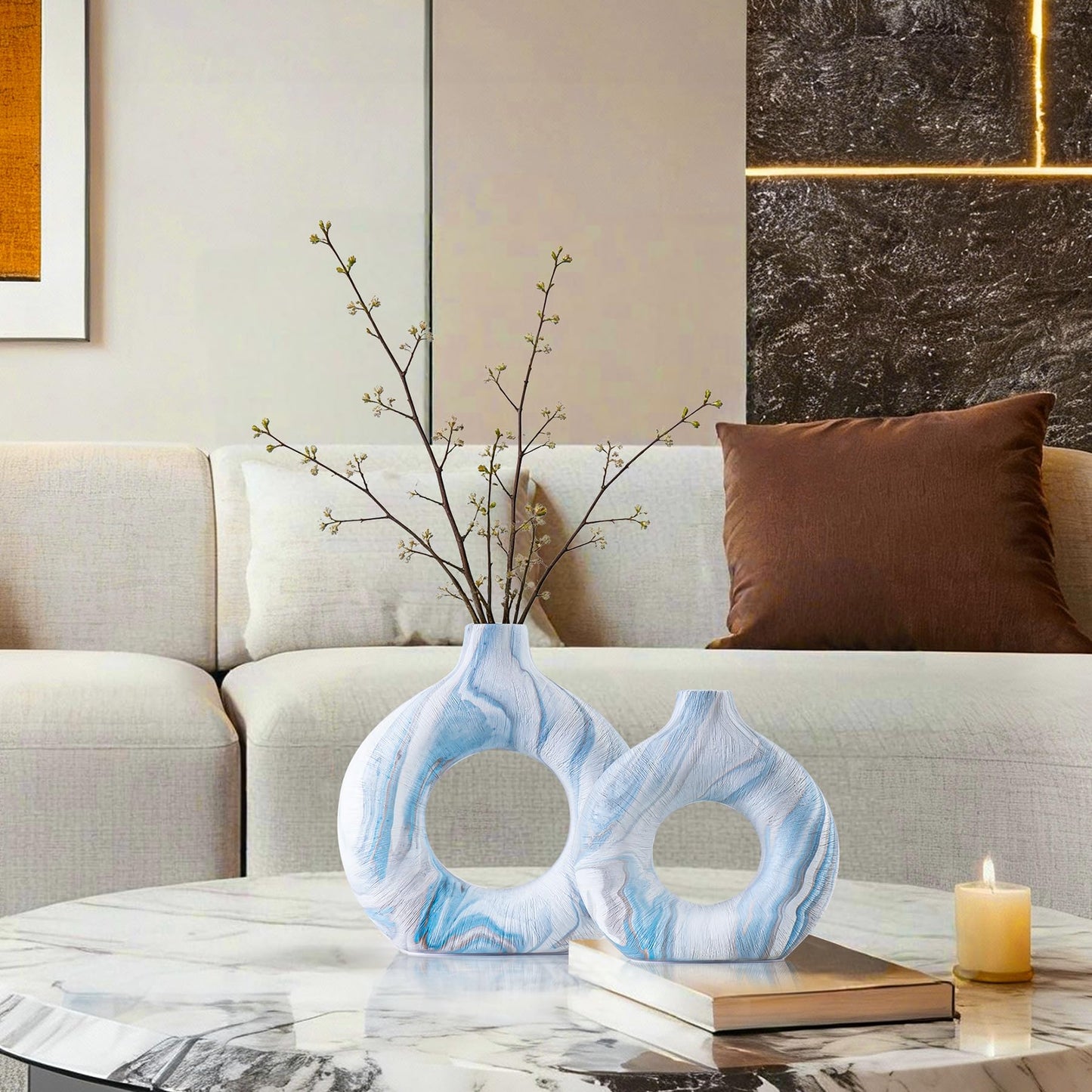 Ceramic Donut Vase Set of 2, Light Blue & White Ring Centerpiece for Pampas Grass, Modern Boho Hugging Snuggle Design, Small Blue Flower Holder for Shelf, Mantel, Wedding Table Decor（8.07"H & 6.3"H）