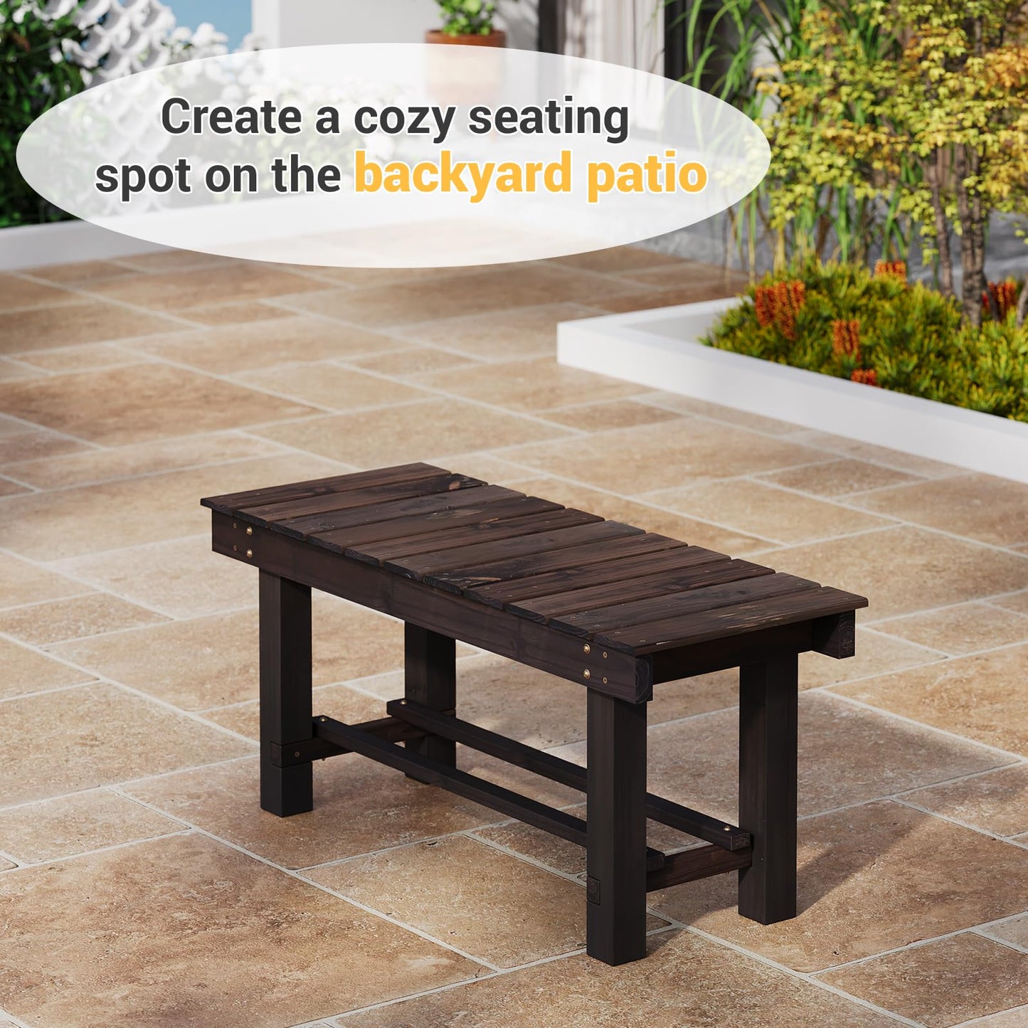Wood Outdoor Garden Bench, 2-Person Seat 35" Backless Bench, 100% Solid Fir Carbonized Weatherproof Patio Bench,Indoor Bathroom Seat Entryway Shoe Bench for Garden Porch Backyard Pool Balcony (Small)