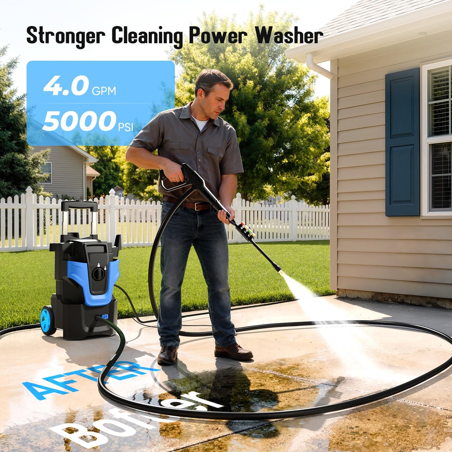5000PSI Heavy Duty Pressure Washer, 3-Speed Adjustable Power Washer with 2-Stage Pull Rod, 4 Nozzles, Foam Cannon & 500ml Soap Bottle for Car, Home & Outdoor Cleaning,Blue