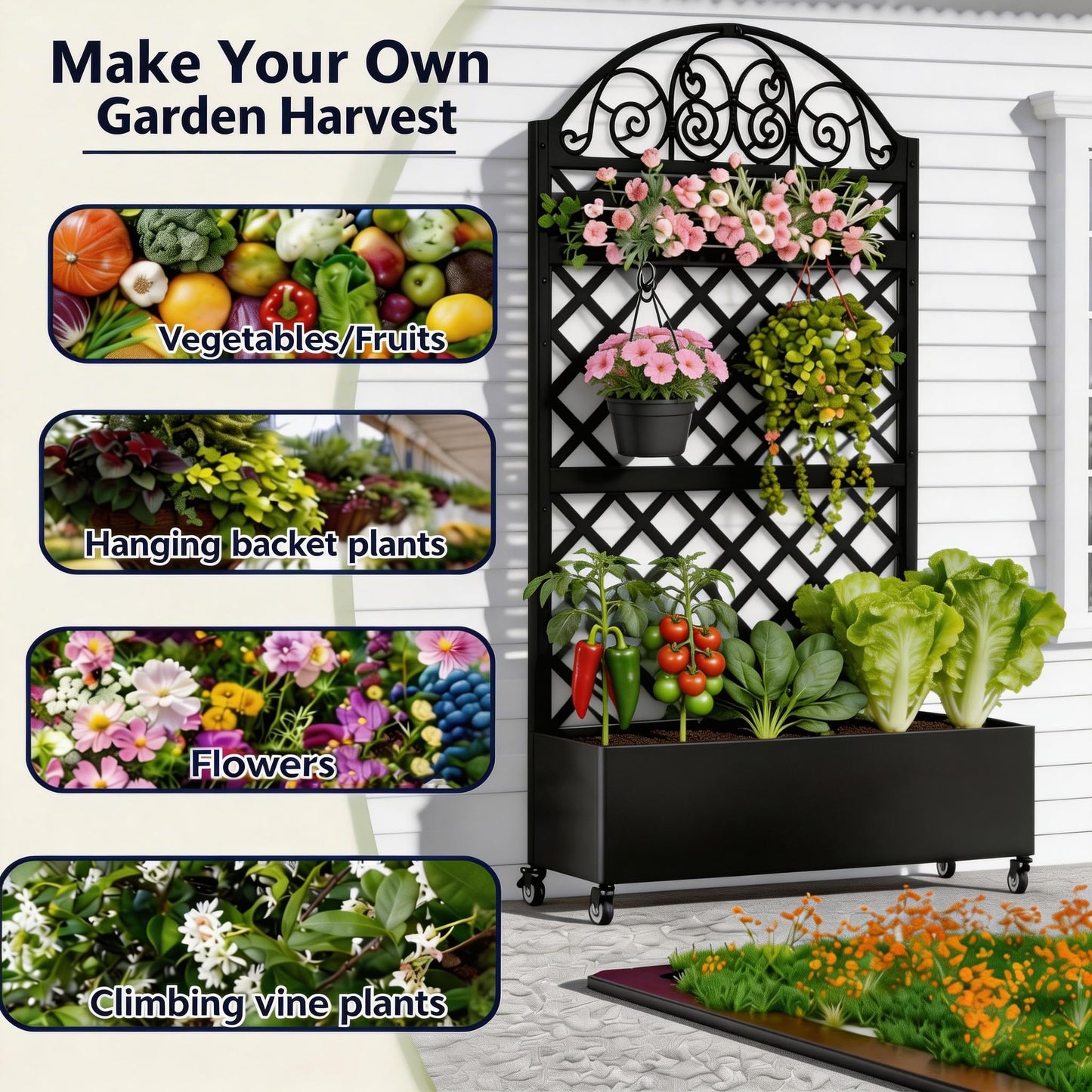 Privacy Planters for Patio, 73" Ornamental Metal Planter Box with Trellis & Locking Wheels, Scrollwork Arch Raised Garden Bed for Climbing Plants Roses Vines, Outdoor Flower Box with Drainage