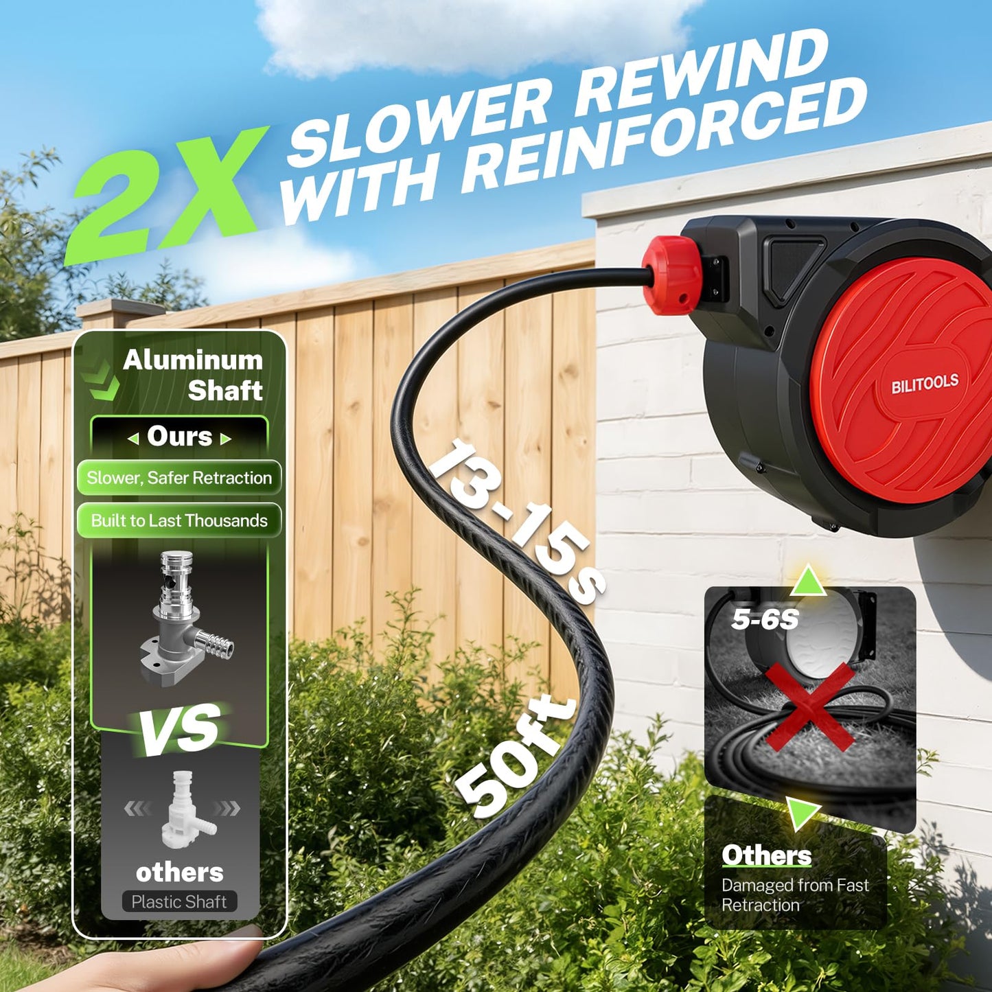 BILITOOLS Retractable Garden Hose Reel 1/2 in x 50 ft, Wall Mounted Water Hose Reel with Any Length Lock, Slow Auto Rewind Anti-Tangle System, 180° Swivel Bracket & 10-Pattern Spray Nozzle for Yard