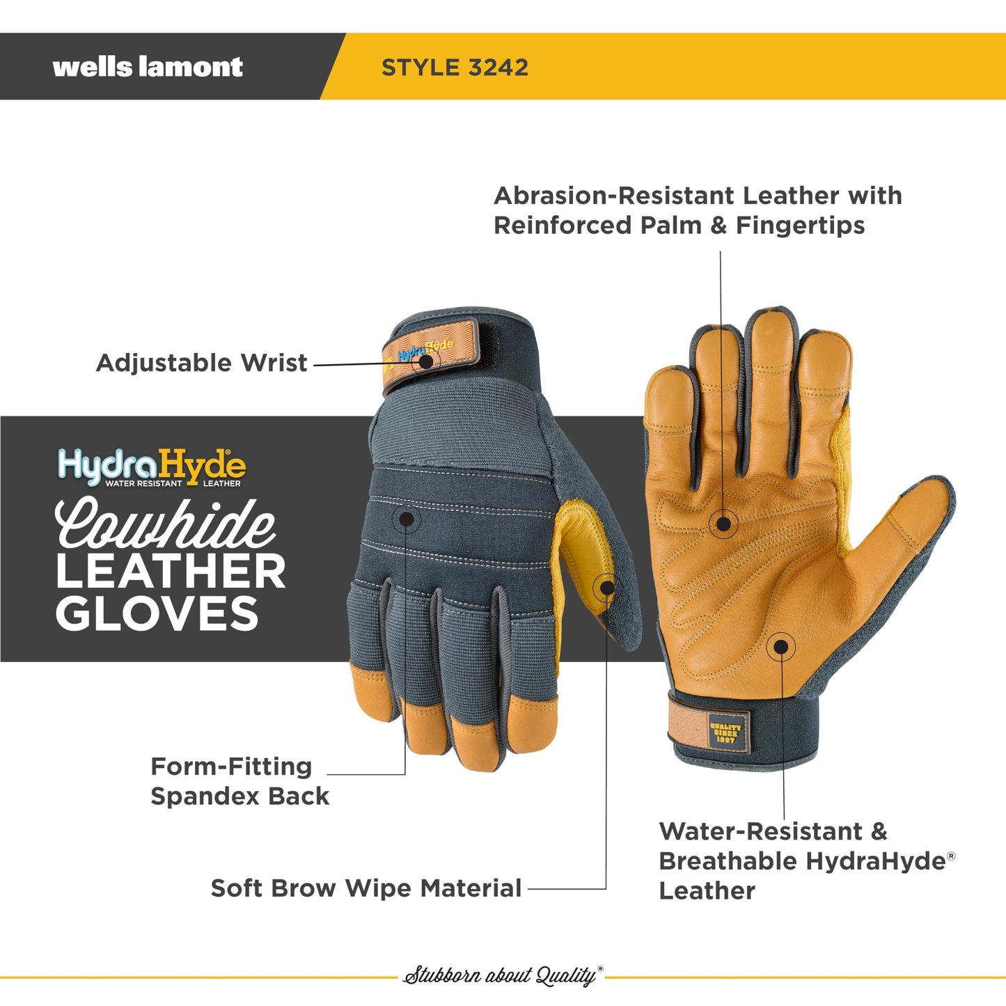 Wells Lamont Men's HydraHyde Work Gloves – Cowhide Leather, Reinforced Fingertips for Durability – Adjustable Velcro Wrist – Ideal for Gardening, Landscaping, Lawn Care – Navy - L