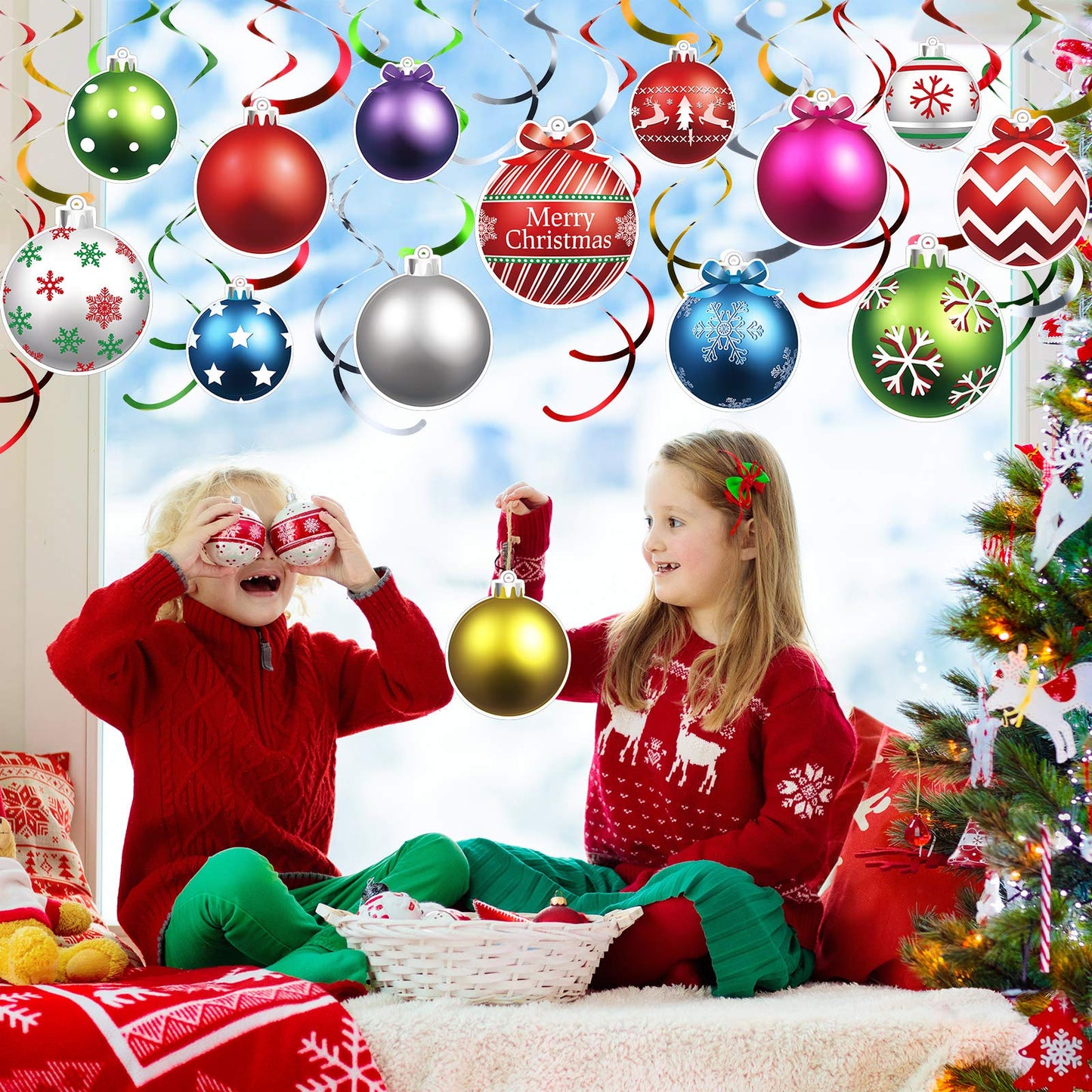 50 Pcs Christmas Foil Hanging Decorations Set Swirl Xmas Holiday Light Bulb Ball Hanging Swirls Ceiling Decorations for Indoor Outdoor Xmas Holiday Party Supplies