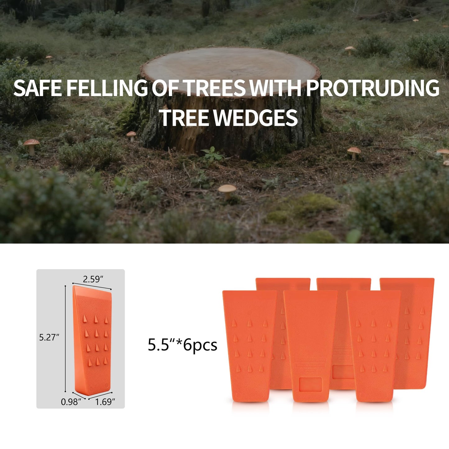 Skyward 6 Pack Spiked Logging Wedges, 5.5" Orange ABS Plastic Tree-Cutting Wedges for Safe Tree Cutting, Wood-Cutting Tools (5.5")