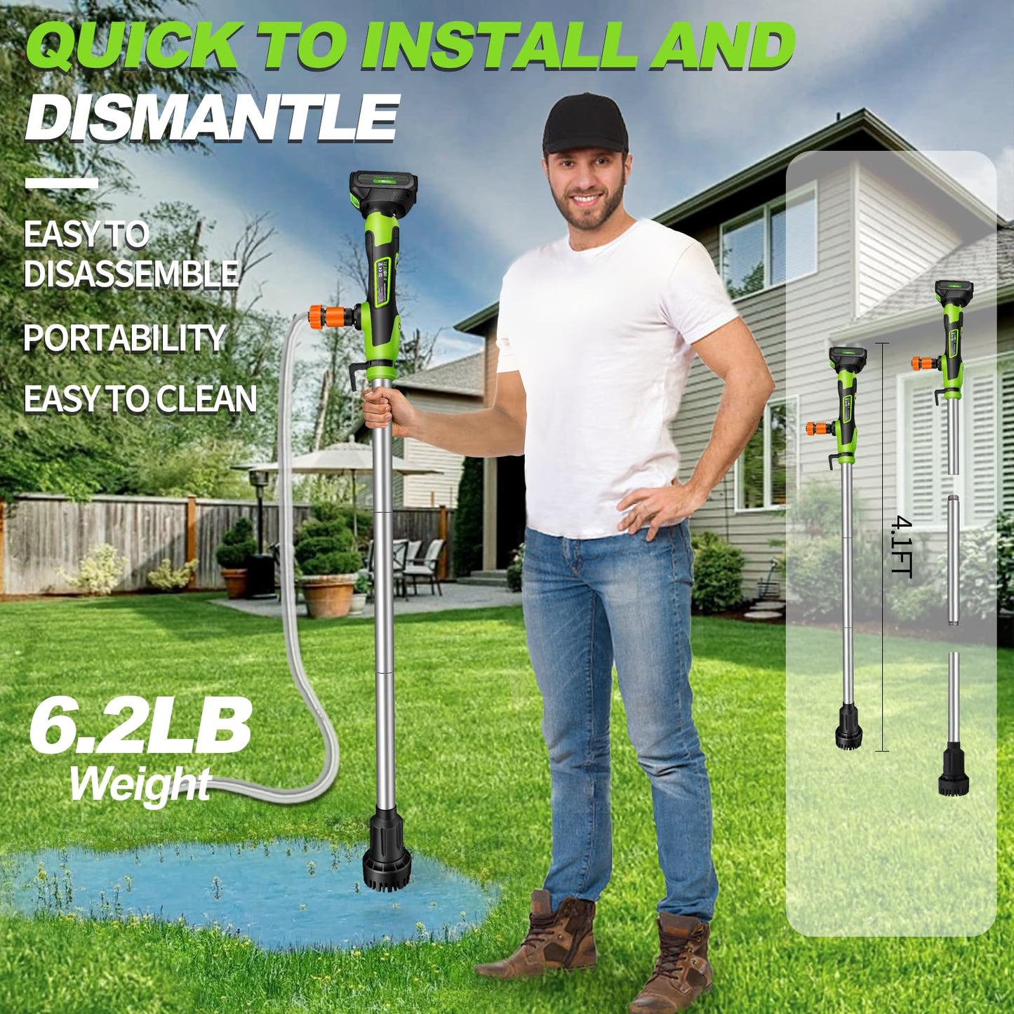 Cordless Stick Water Transfer Pump, Stick Transfer Pump 4.0Ah 21V Battery Powered Portable Water Pump, 720GPH, 33FT Head, Stick Pump Utility with 3/4" Outlet, for Pool/Garden/Rain