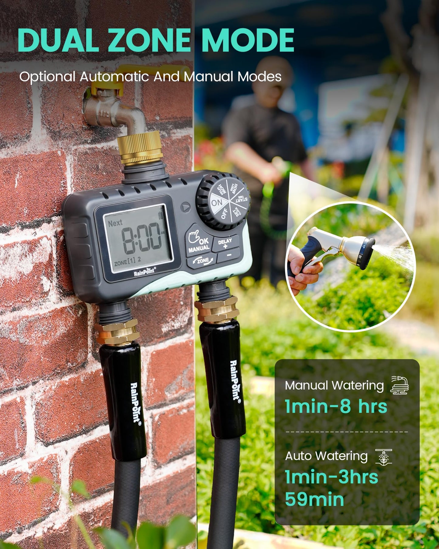 RAINPOINT Sprinkler Timer 2 Outlet, Water Timer for Garden Hose, for Yard Outdoor Watering, Rain Delay/Manual/Automatic System Controller Brass Inlet, V2