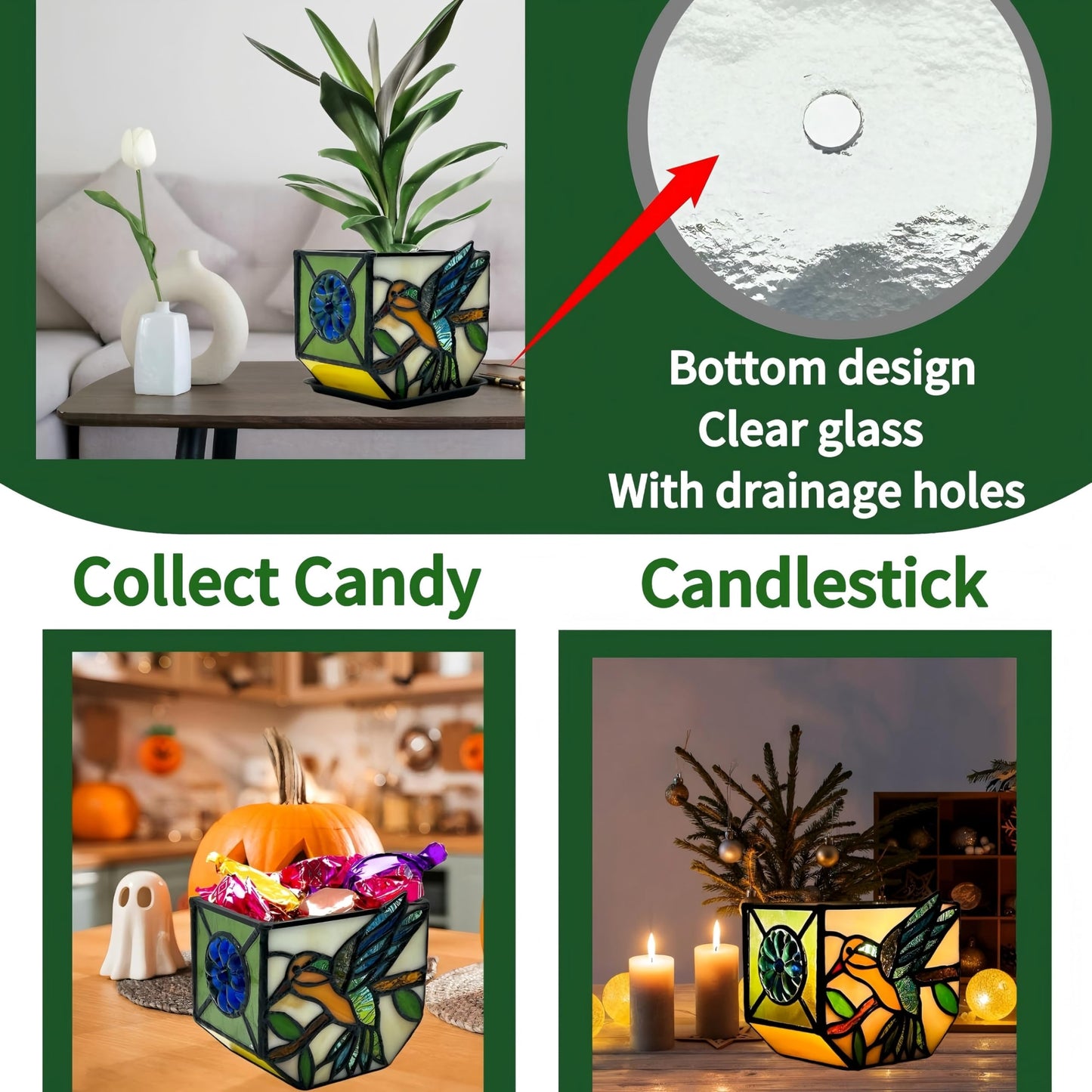 Entlityful Handcrafted Stained Glass Hummingbird Planter, Indoor Decorative Flower Pot with Drainage, Planters for Indoor Plants,Garden Home Decor