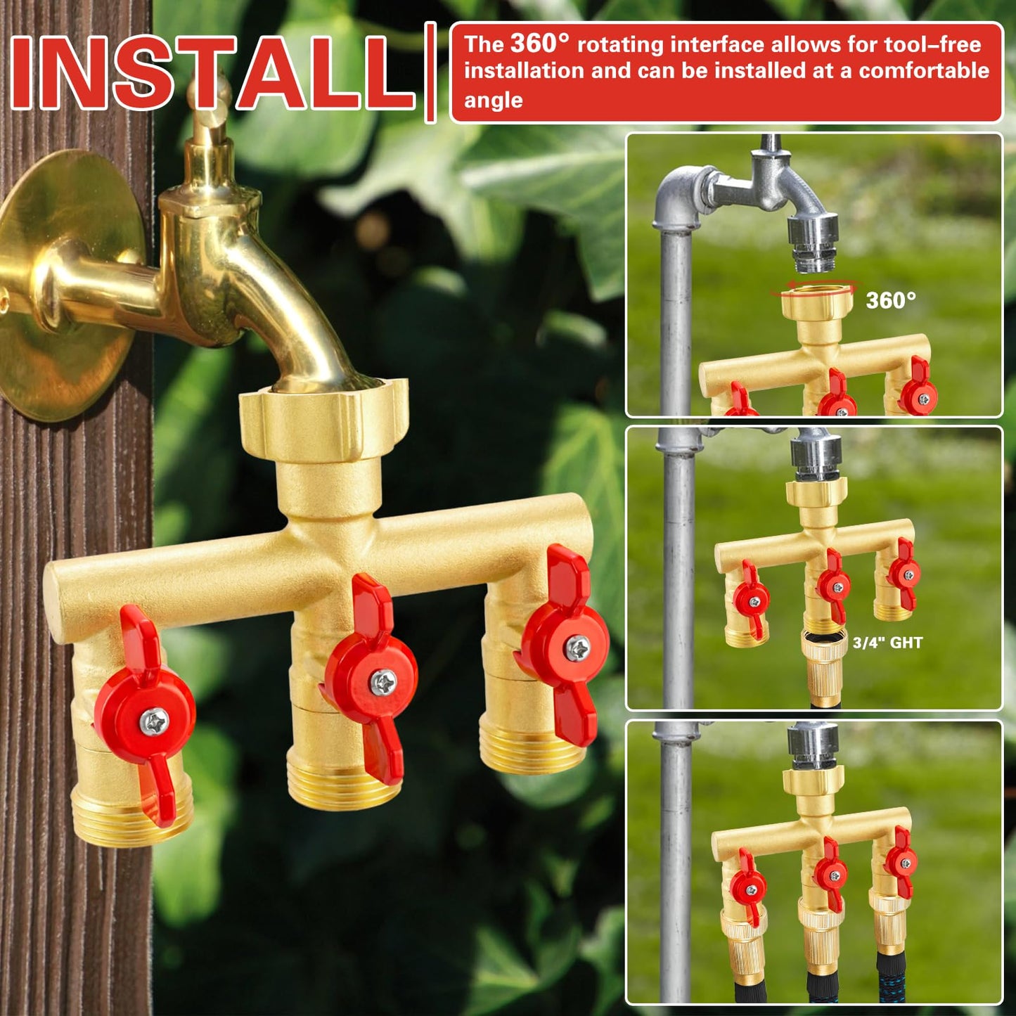 Cekwiet 3 Way Garden Hose Splitter Heavy Duty Brass, Full Flow Outdoor Faucet Hose Splitter with 3 Shut Off Valves, 3/4" GHT Metal Hose Connector for Garden, Lawn Irrigation, Yard Watering Etc