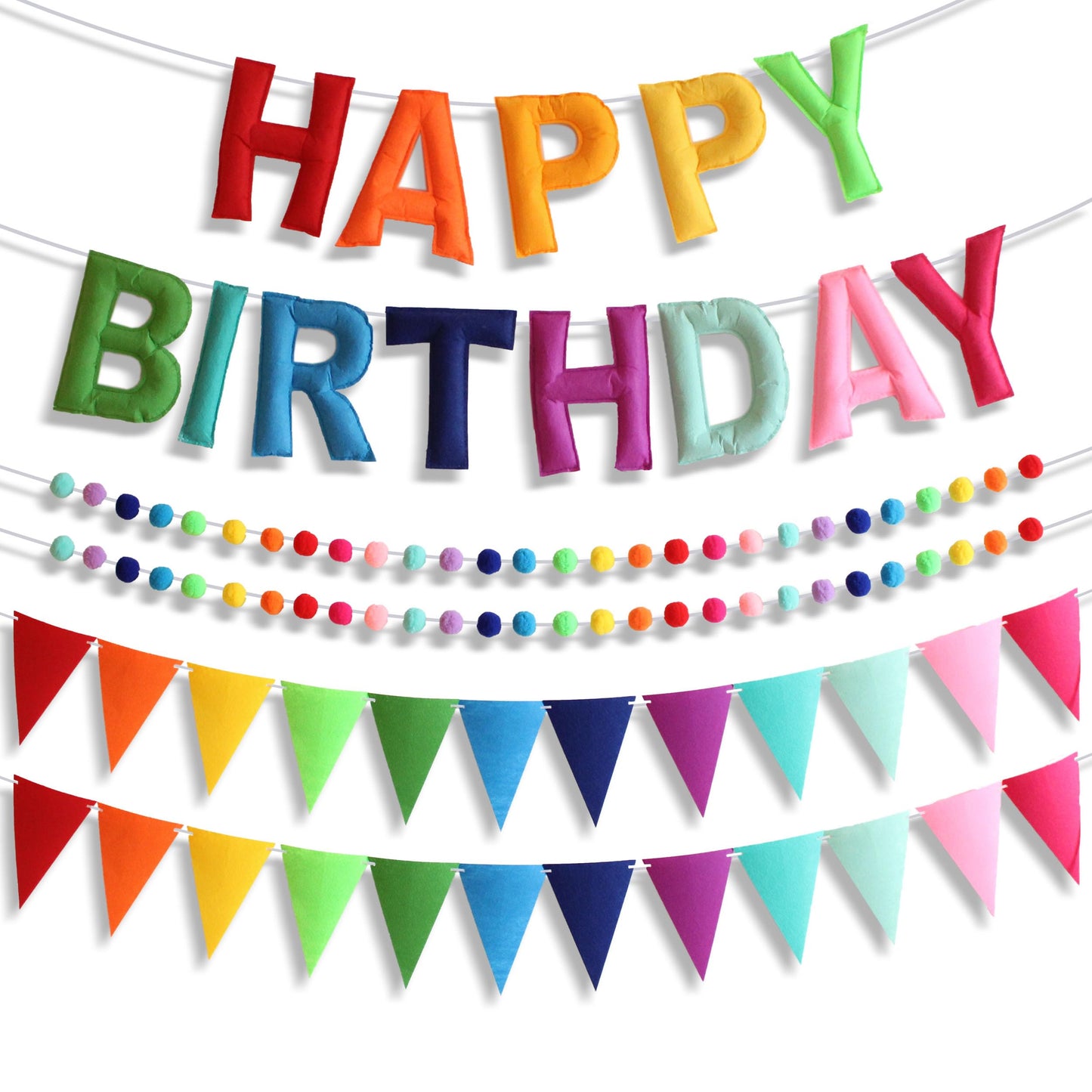 6.3 Inch Large Felt Happy Birthday Banner - Pre-Strung Rainbow Fabric Garland, Reusable Happy Birthday Sign for All Ages Party Decorations (Rainbow)