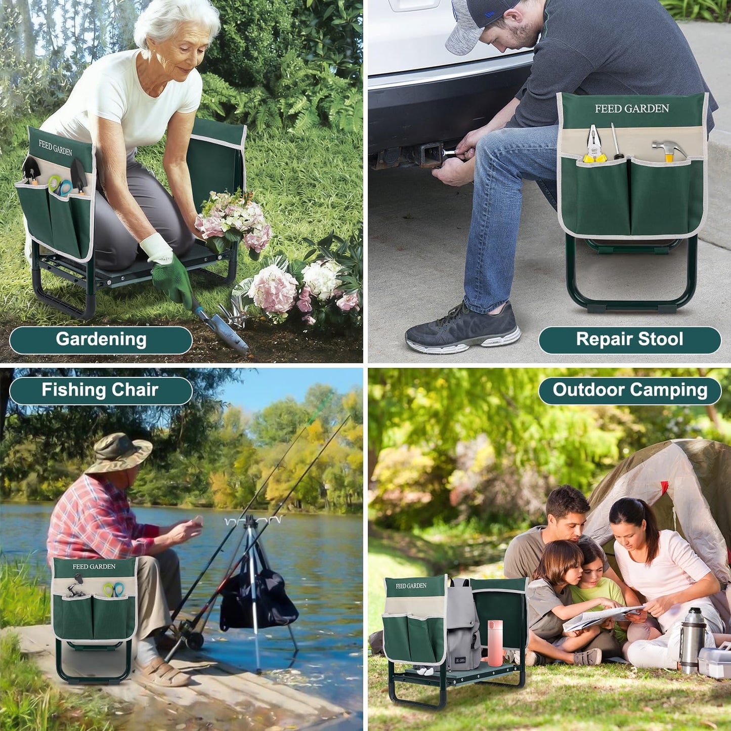 FEED GARDEN Garden Kneeler and Seat, Upgraded Foldable Gardening Stool with 10.23" Wide Kneeling Pad, Heavy Duty Gardening Bench Chair with 2 Tool Pouches, Gardening Gifts for Seniors Mom Women Men