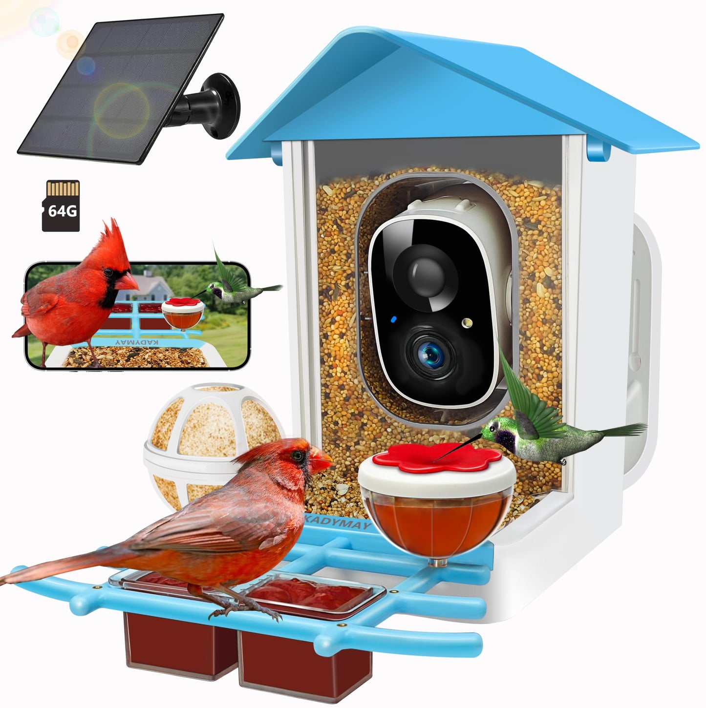 64GB Smart Bird Feeder with Camera Solar Powered, AI Identify 10K+ Bird Aves, 2K 3MP HD Live Video &Playback on Phone, 2.4G WiFi Birdhouse Camera Wireless Outdoor-Watching House (Light Blue)