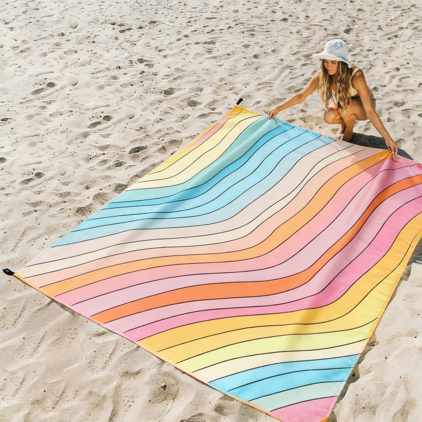 Beach Blanket Sandproof Waterproof, Large Beach Mat for 2-4 Adults with Stakes, Sand Free Compact Lightweight Picnic Blankets, Beach Essentials Necessities Accessories Must Haves-Colorful Rainbow Wave