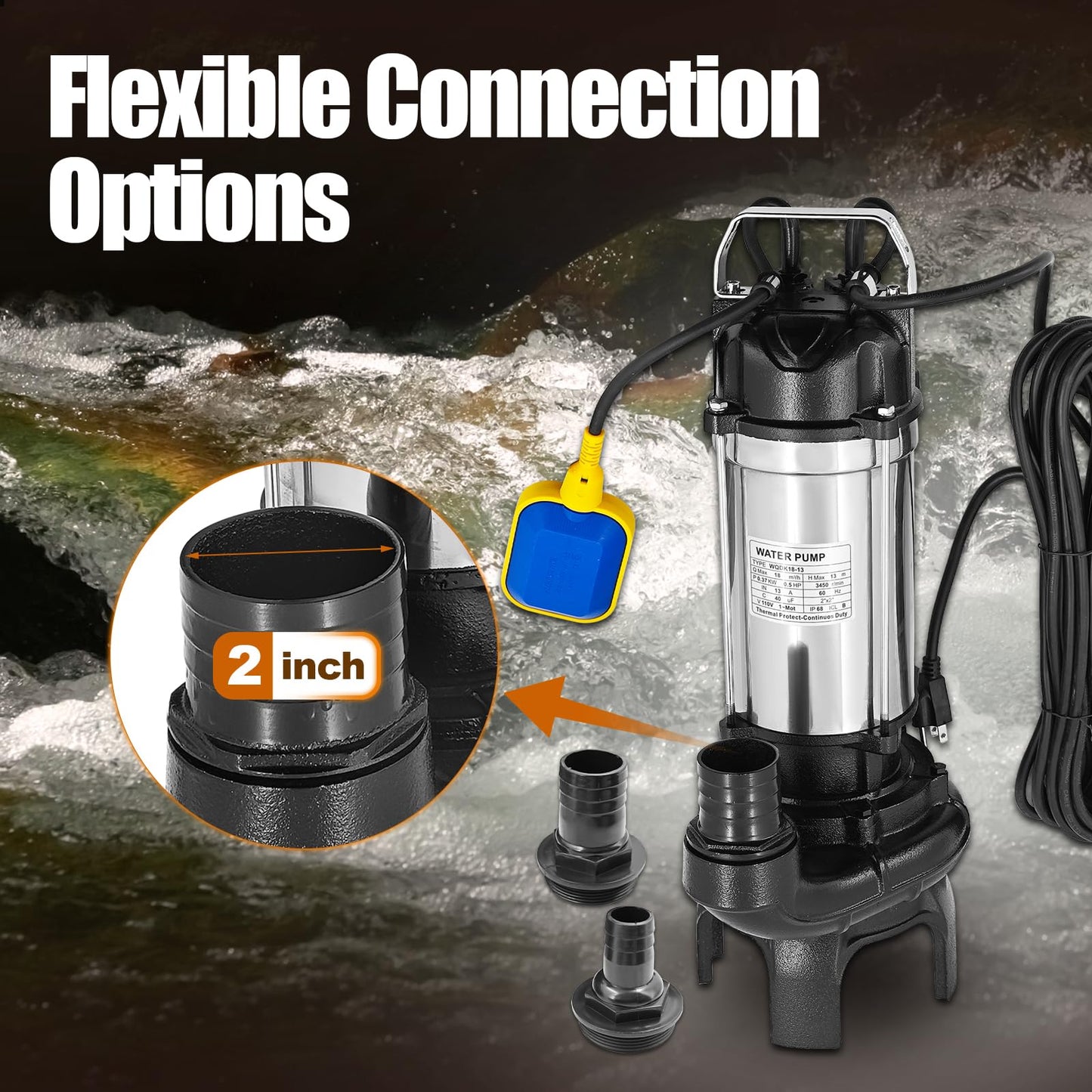 4PN 1/2 HP Submersible Sump Pump With Float Switch Replacement for Tsurumi Pump 4-PN 50PN2.4S Pond Waterfall Pump, Cast Iron and Stainless Steel, 4755 GPH, 2" Discharge, H Max 44ft