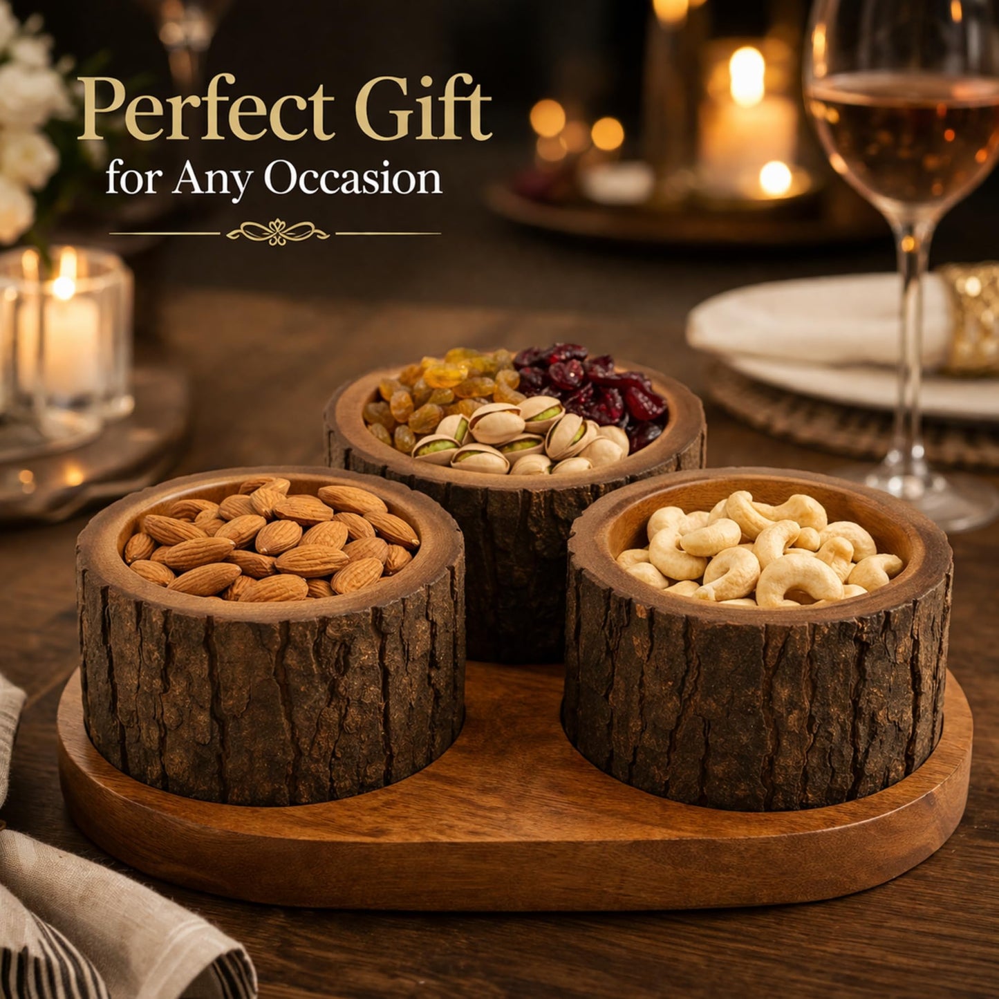 Scissors Art Wooden Dry Fruit Serving Set – 360° Rotating Divided Snack Organizer | Fruit & Veggie Platter for Party, Candy, Appetizer & Condiment Serving Bowls (3 Bowl Set)