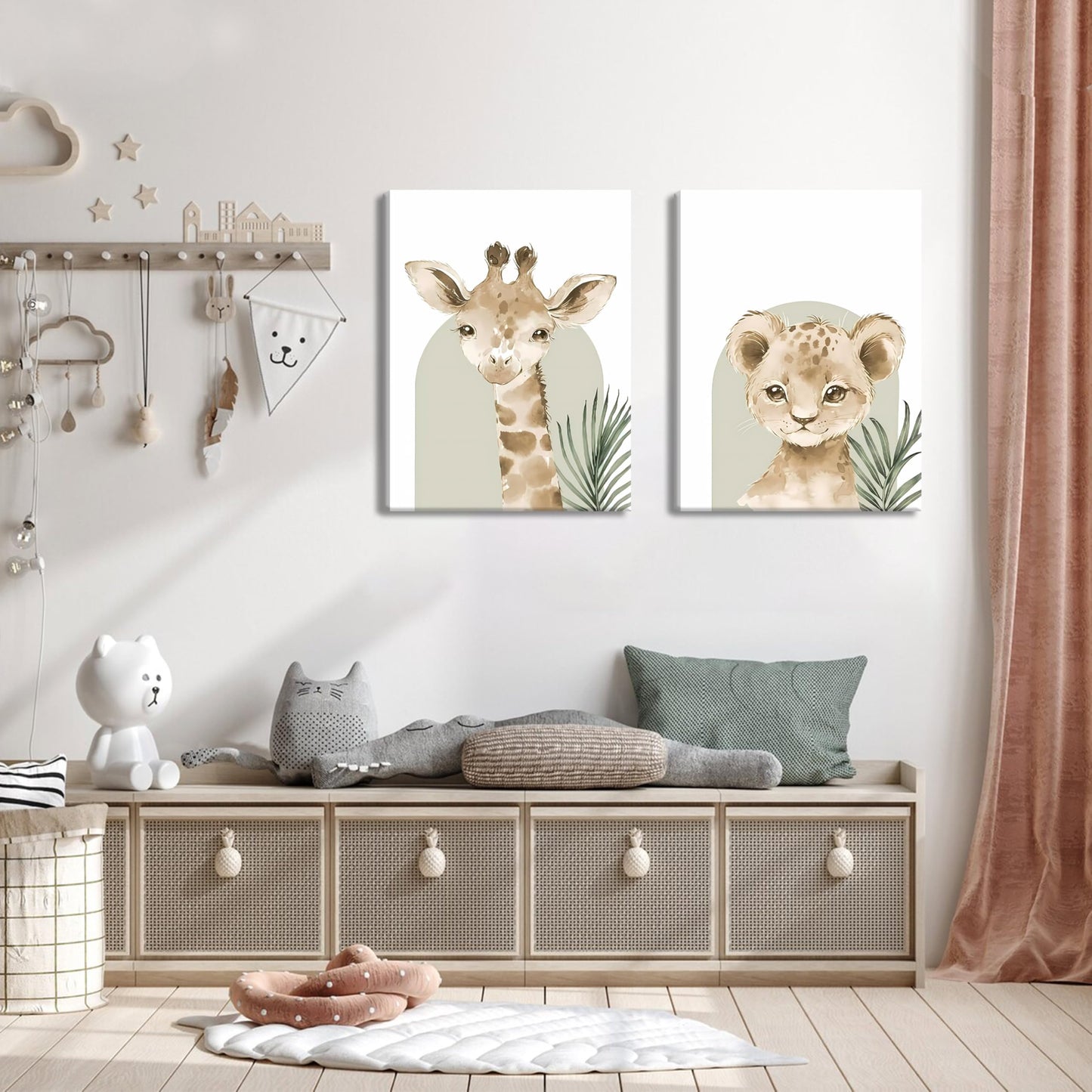 Nursery Wall Decor Set of 3, Cute Animal Lion Elephant Baby Pictures Poster Prints, Giraffe Jungle Canvas Wall Art Woodland Nursery Decor for Boys Girls Room Decoration 12x16 inch Framed