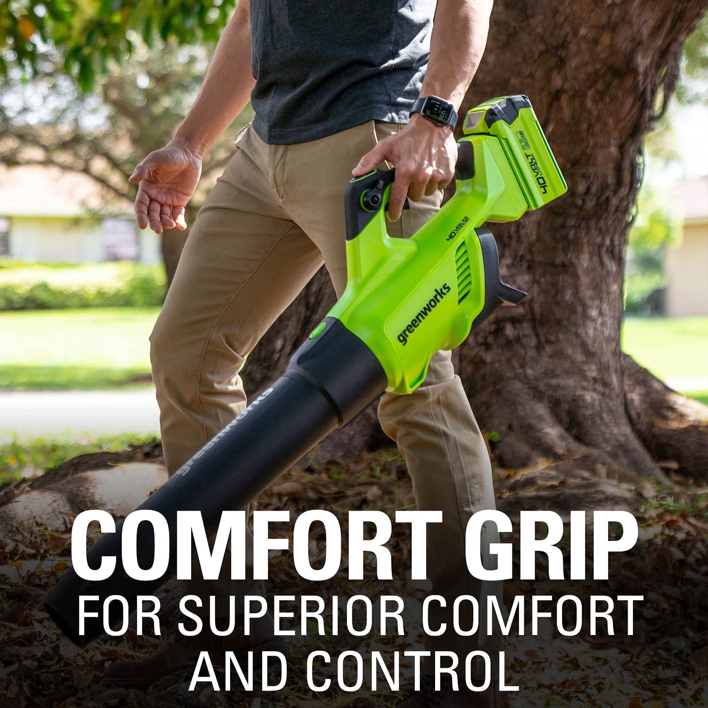 Greenworks 40V (120 MPH / 500 CFM) Leaf Blower, for damp autumn leaves, spring pollen, summer grass clippings, and winter debris across driveways, patios, Includes 2.5Ah Battery and Charger
