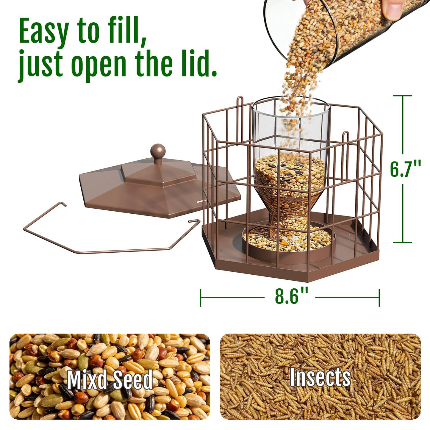 Birdream Squirrel Proof Bird Feeders for Outdoor Hanging, Metal Cage Bird Feeder with Rain Proof Covered for Wildbirds Bluebird Finches, Brown