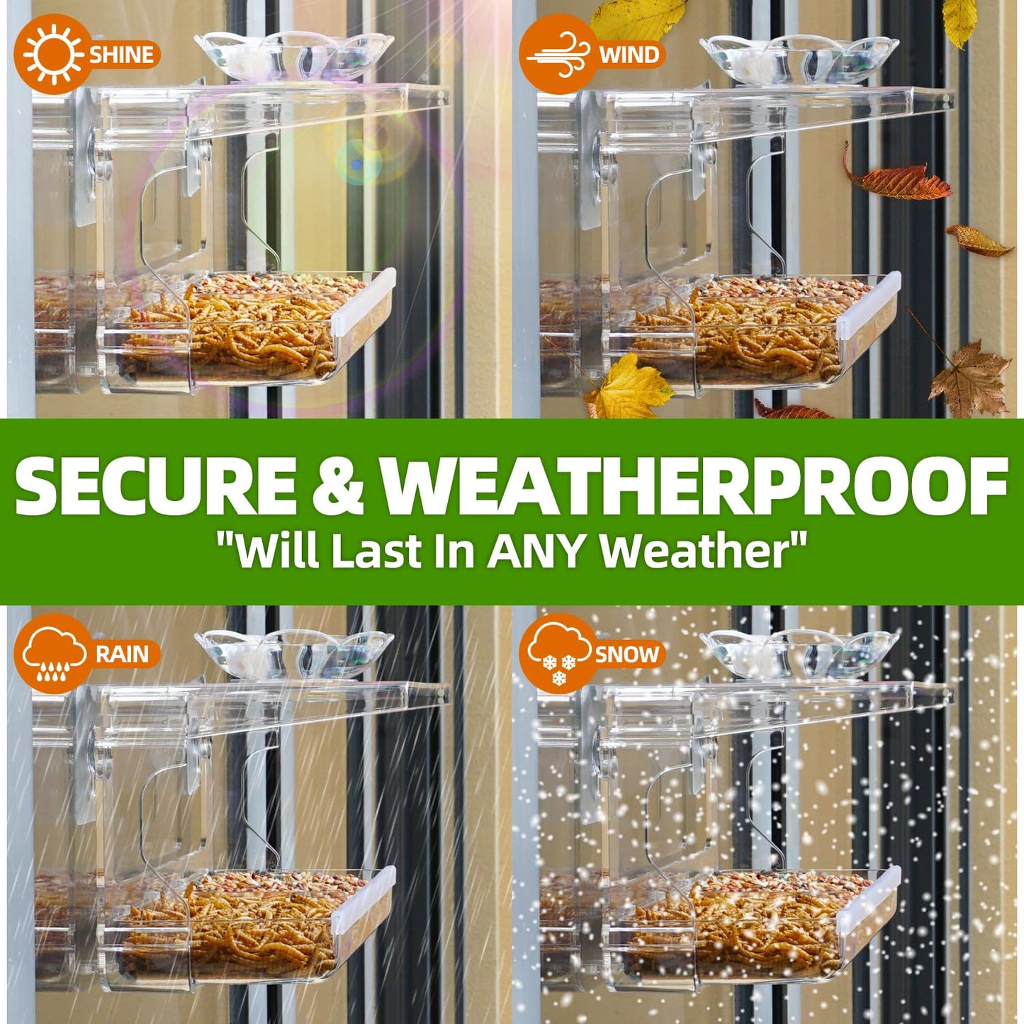 WENMIXER Window Bird Feeder with Non-Marking Self-Adhesive Hooks, Clear and Transparent, Outdoor Wild Bird Watching Gift, Garden Decor (Standard)