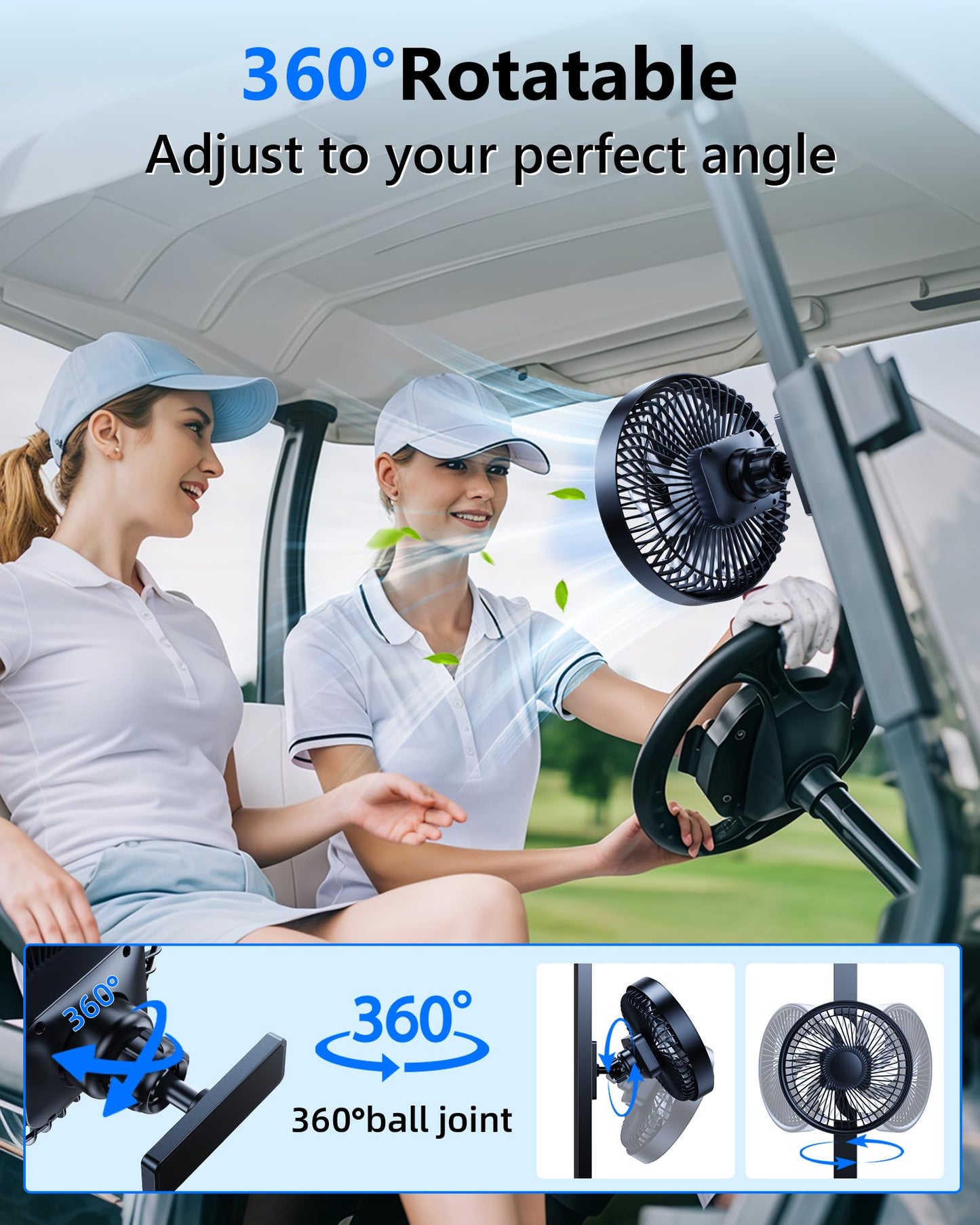 scenein Rechargeable Magnetic Golf Cart Fans That Blow Cold Air, 3000mAh Battery Powered Usb Fan for Golf Cart Cooler 360° Rotatable Compatible with Yamaha, Ezgo, Club Car, Forklift, Cruise Ship