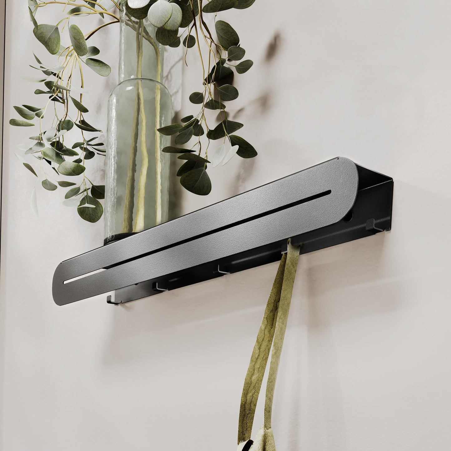Hidden Coat Rack Wall Mount with Floating Shelf and Metal Hooks for Hanging Clothes or Towels, Modern Heavy Duty Black Decorative Wall Hanger for Entryway, Bathroom, Kitchen