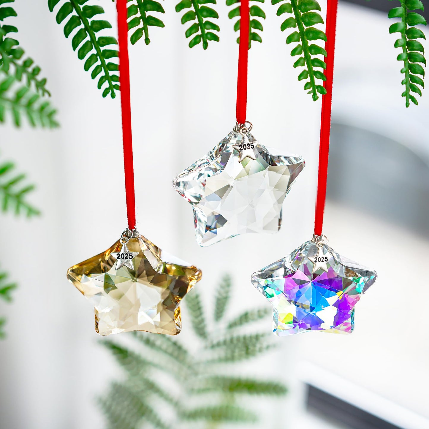H&D HYALINE & DORA Glass Hanging Ornaments Crystal Star Set of 3 Star Christmas Tree Ornaments Crystal Sun Catcher Hanging for Christmas Party Decor