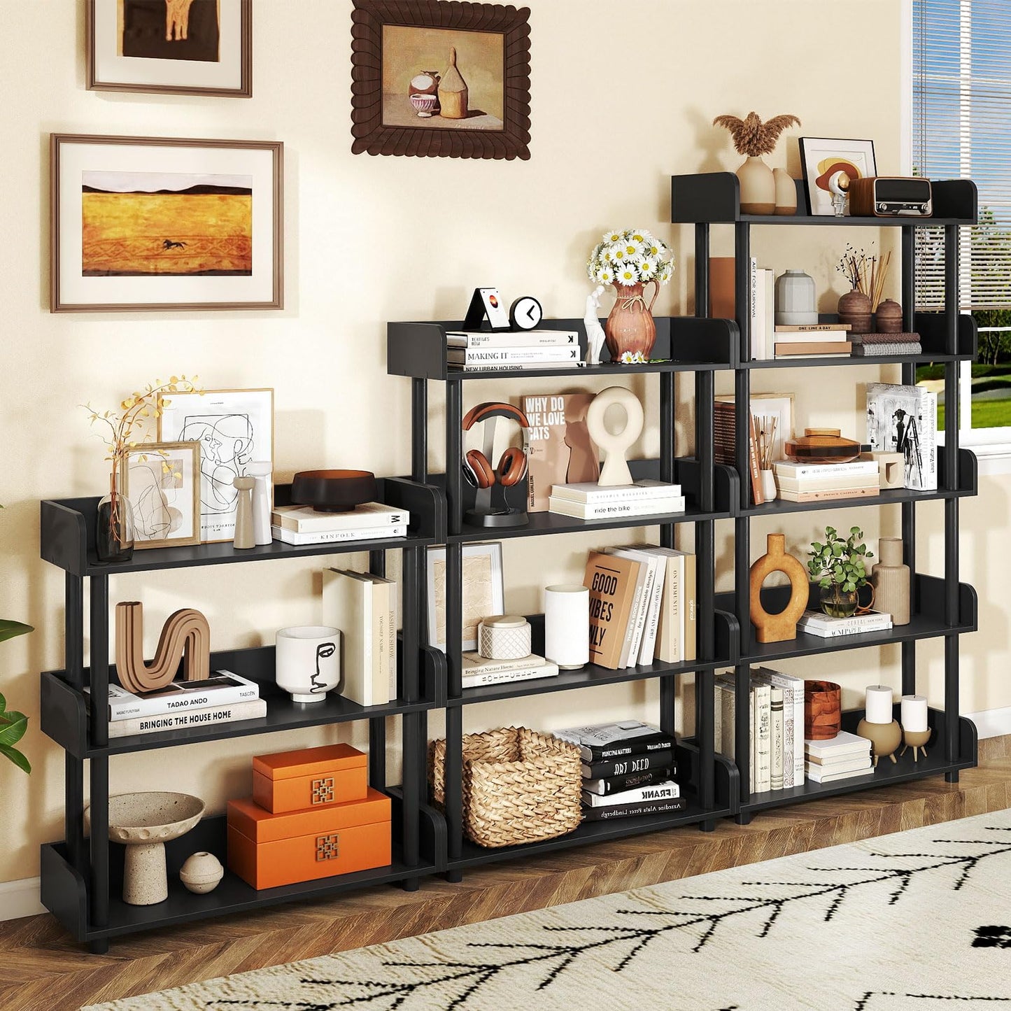 Tangkula 3-Tier Bookshelf, Multipurpose Wood Standing Display Rack with Back and Side Panels, Industrial Open Bookcase, Storage Organizer for Living Room Kitchen Office (Black, 1 Pack, 3-Tier)