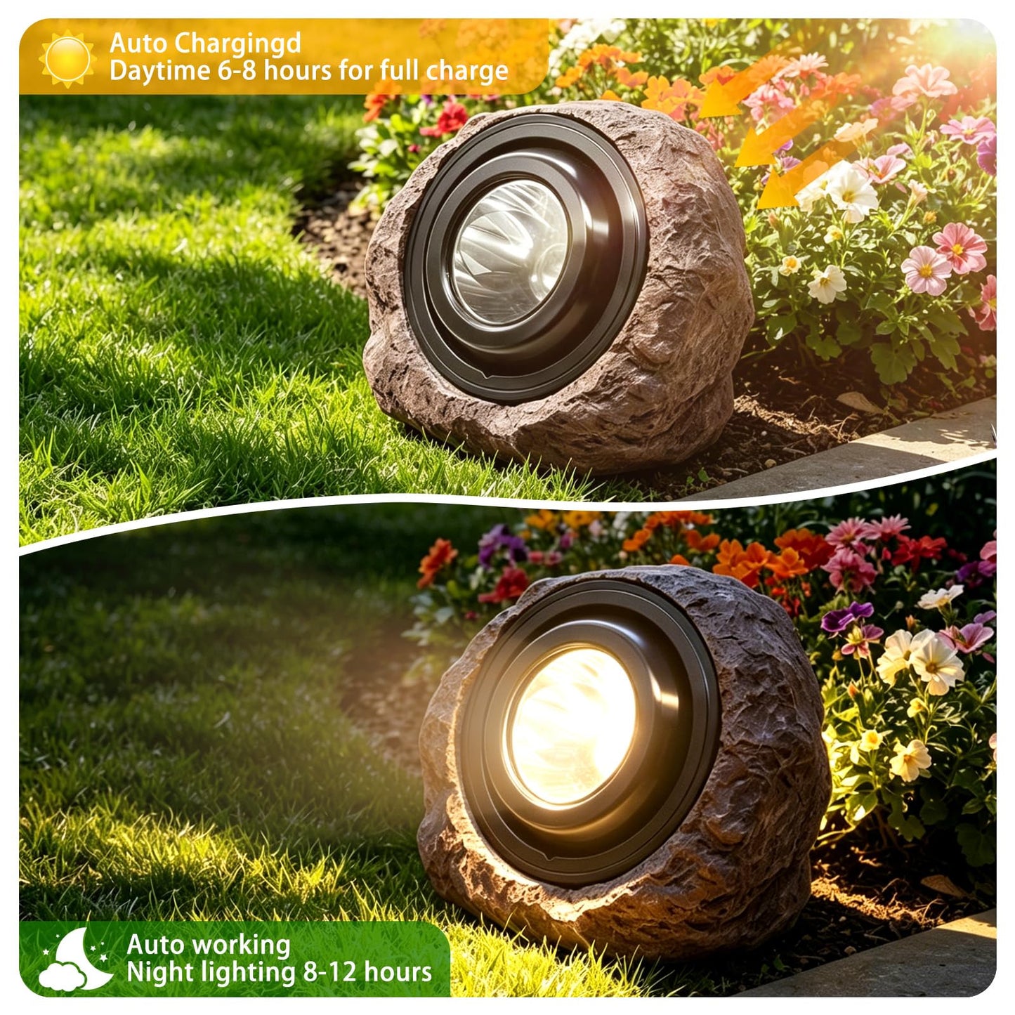 VOOKRY Brown Solar Rock Lights Outdoor 2-Pack, IP65 Waterproof LED Garden Stone Lights, Switchable Warm & Cool White, Auto On/Off Landscape Lighting for Pathway, Yard, Patio, Walkway
