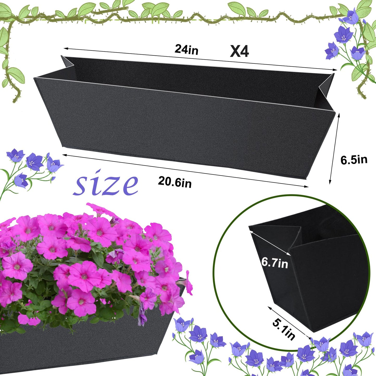 4PCS 24Inch Rectangle Window Box Liner Felt Planter Basket Liner Insert Black Plant Container Liners Non Woven Fabric Liner for Garden Fence Wall Railing Hanging Flower Pot - Avoid Bird Nesting