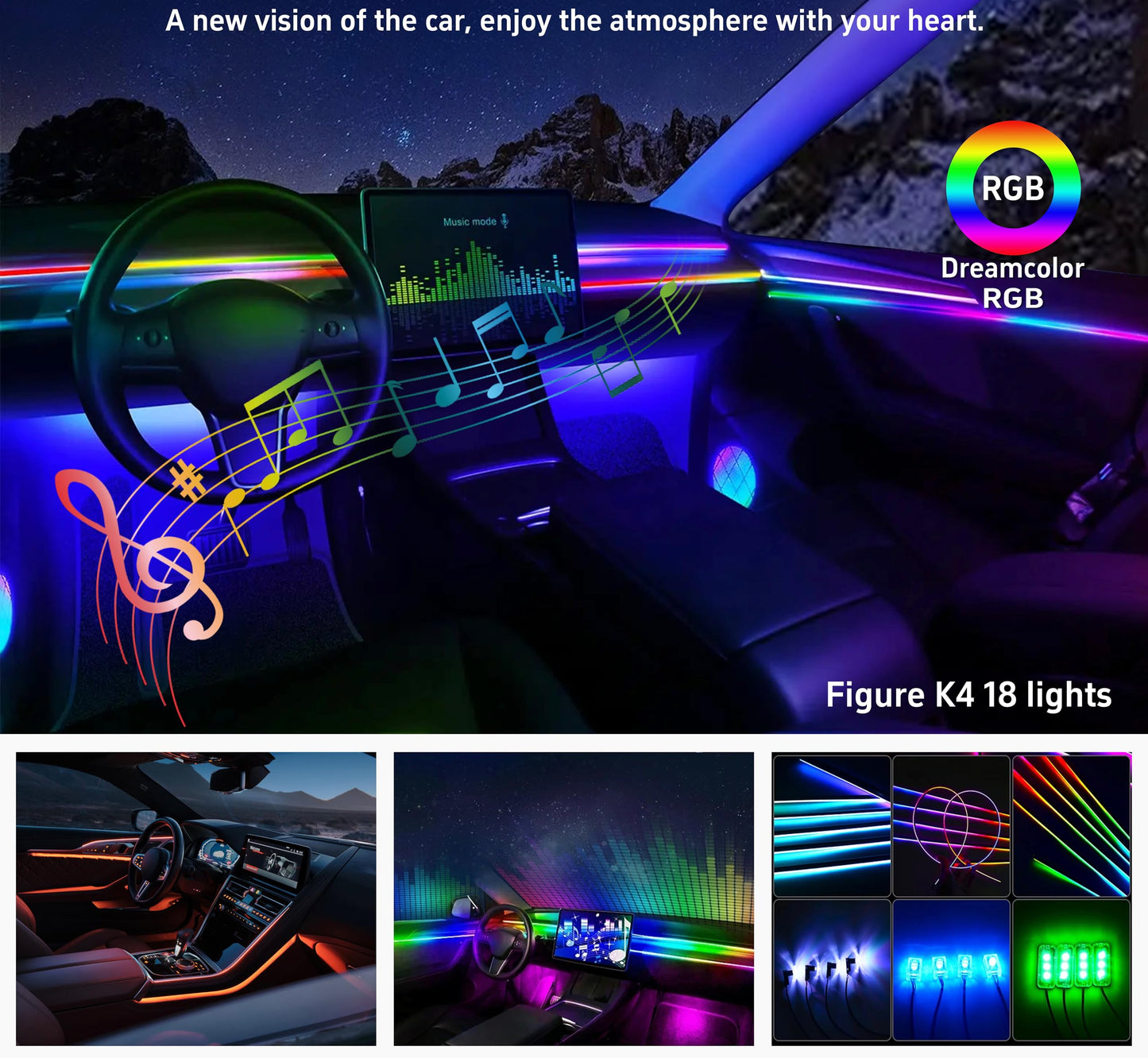 Acrylic Interior Car LED Strip Lights,dreamcolor 6-in-1 Car Ambient Lighting Kit, with APP Control, 622 LED Fiber Optic Strip Lights for Cars,Supports Neon Sync with Music DIY Mode.