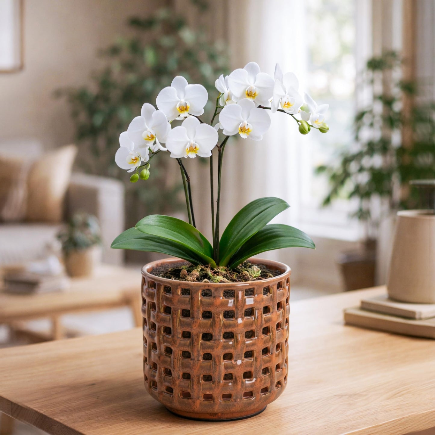 D'vine Dev 6.7 Inch Ceramic Orchid Planter with Lattice Cutout Design, Glazed Cachepot with Clear Nursery Pot & Detachable Saucer for Orchids and Indoor Plants, Pumpkin, 28-A-Y-5
