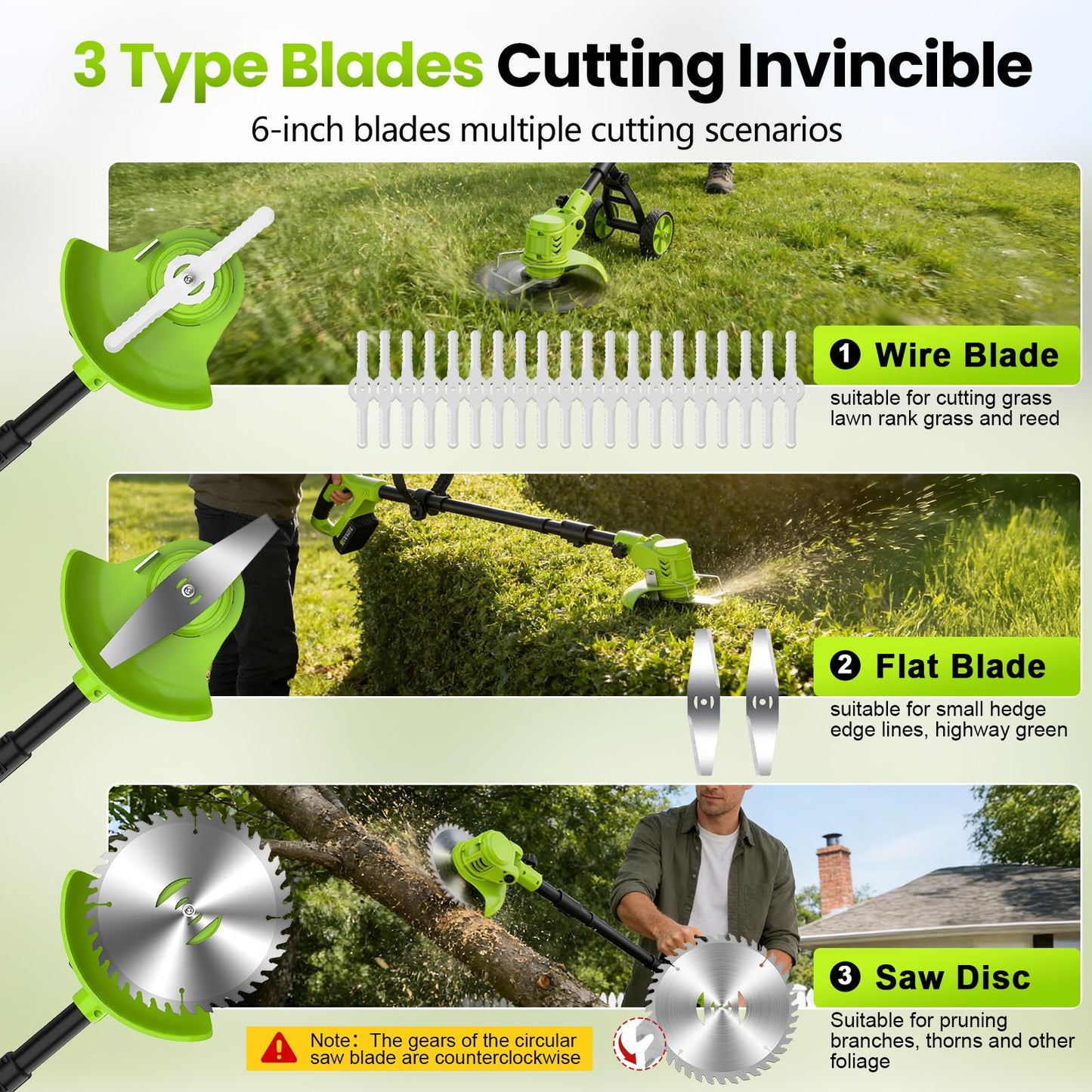 Electric Weed Wacker Cordless with Wheel, 4 in 1 Weed Eater Battery Powered Brush Cutter String Trimmer Edger, 4000mAh Stringless Weed Trimmer Lightweight Grass Trimmer Mower