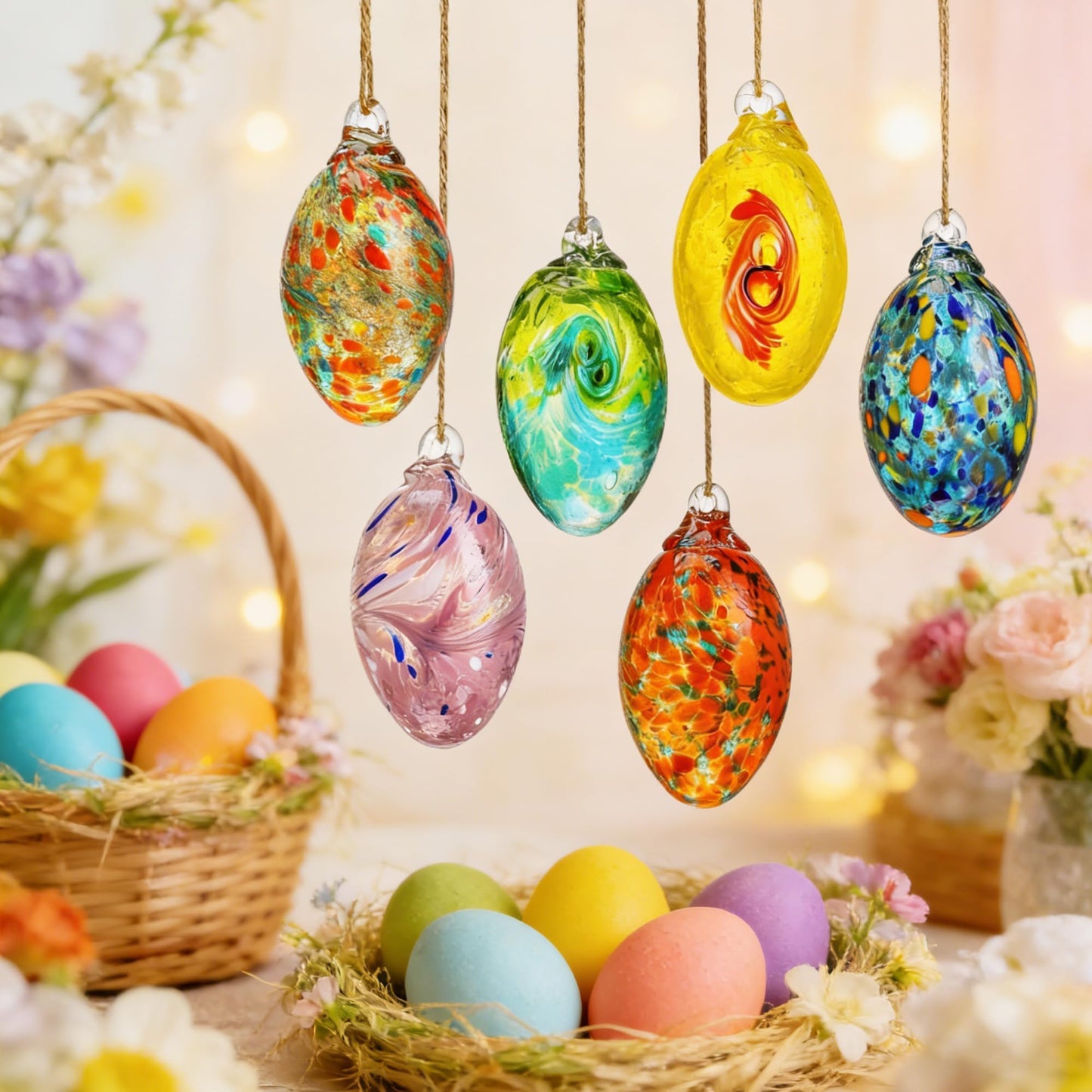 6PCS Blown Glass Balls Ornaments 3.9'' Hanging Crystal Decorative Eggs for DIY Centerpiece Party Favor Gift Spring Home Wedding Table Decor