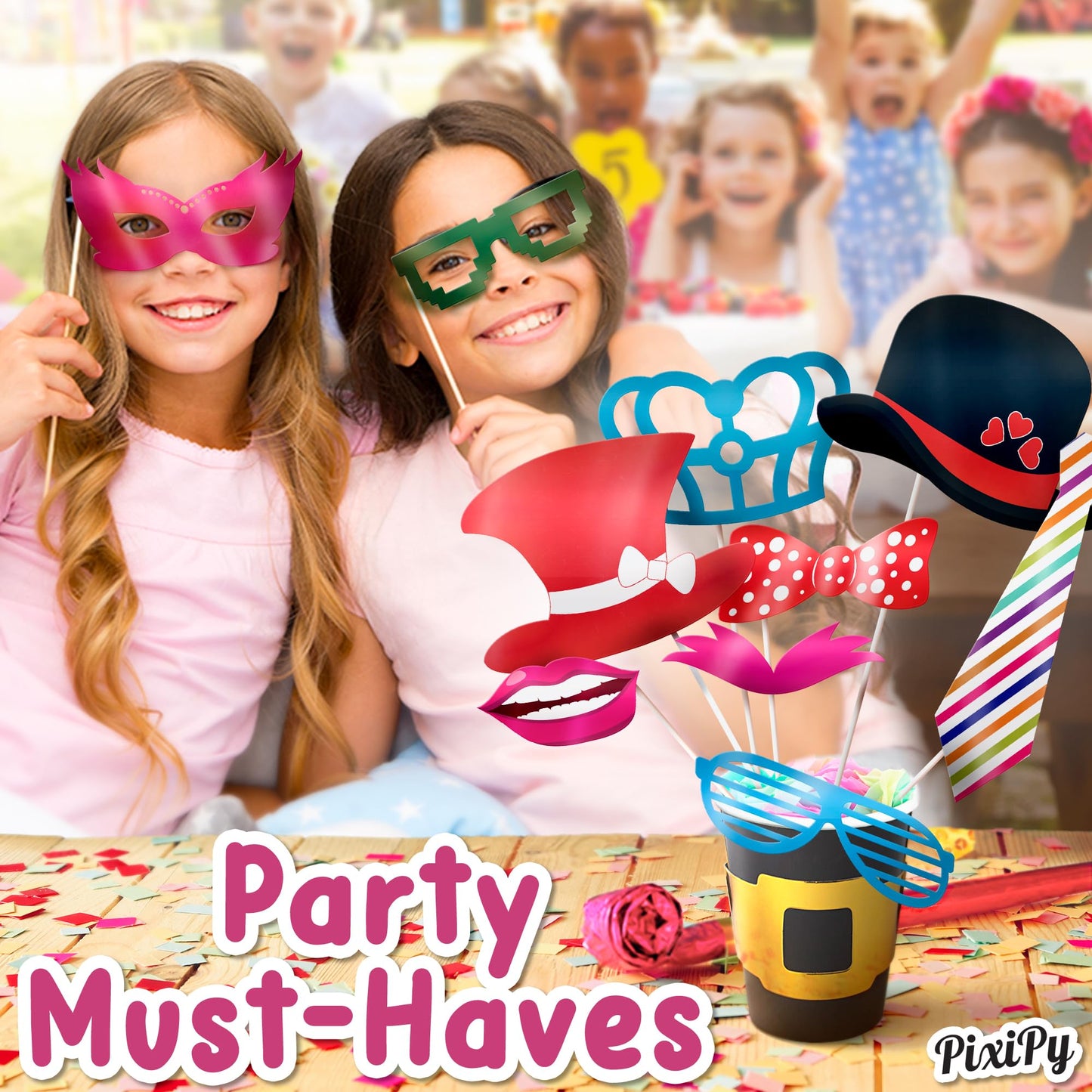 Photo Booth Props - 66 Piece Multicolor Kit - Fun Selfie Party Accessories - Mustaches, Hats, Lips & More - by PixiPy