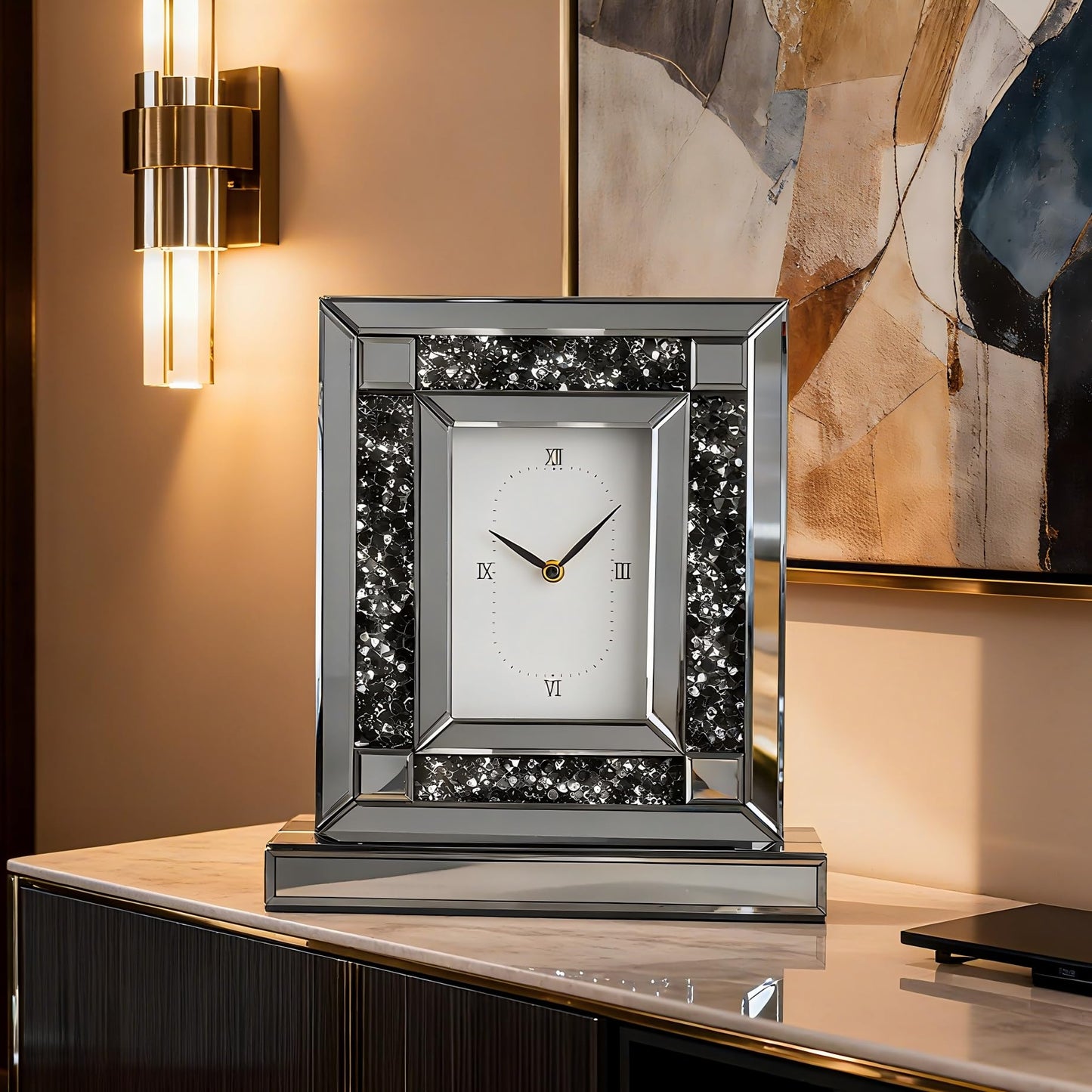 SHYFOY Luxury Crystal-Embedded Mirrored Table Clock, Elegant Decorative Clock with Roman Numerals for Home & Office, Silver Glam Desk Clock Home Decor