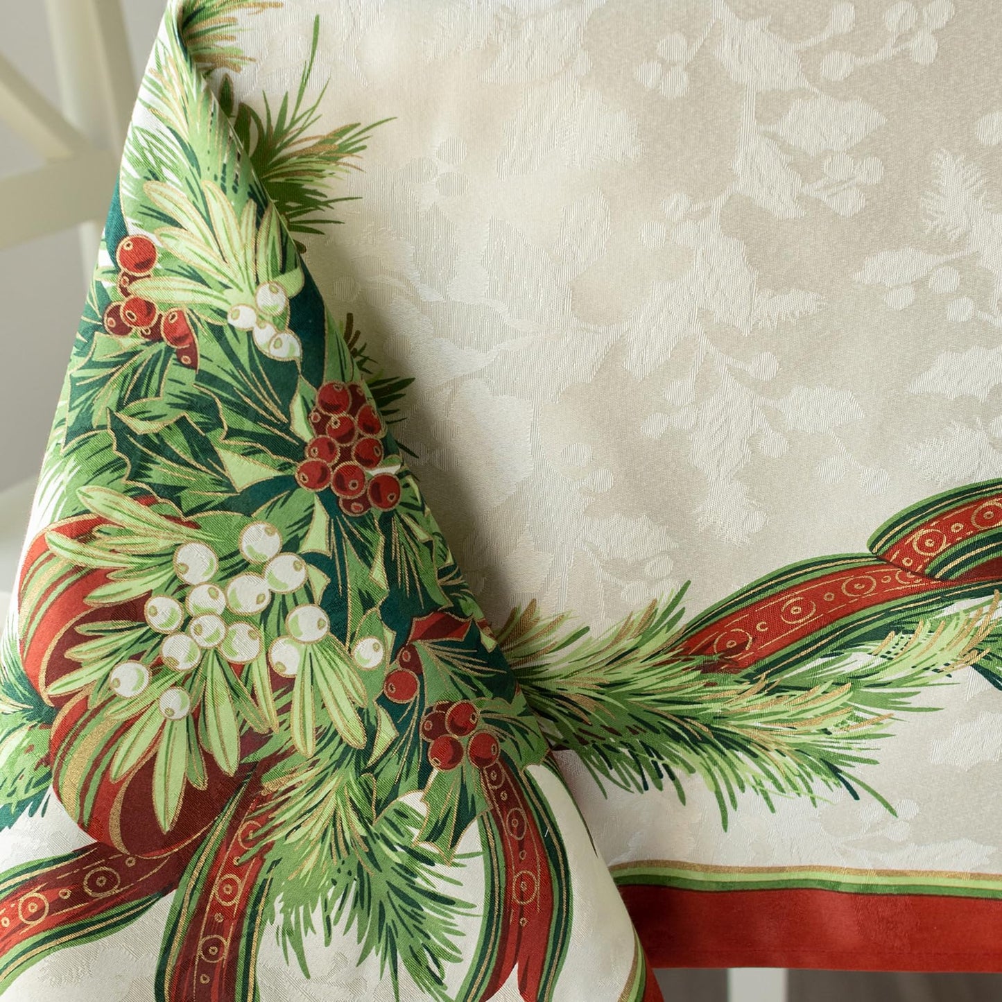 Benson Mills Christmas Ribbons Engineered Printed Fabric Table Cloth, Winter, Holiday and Christmas Tablecloth (60" X 120" Rectangular, Xmas Ribbons)