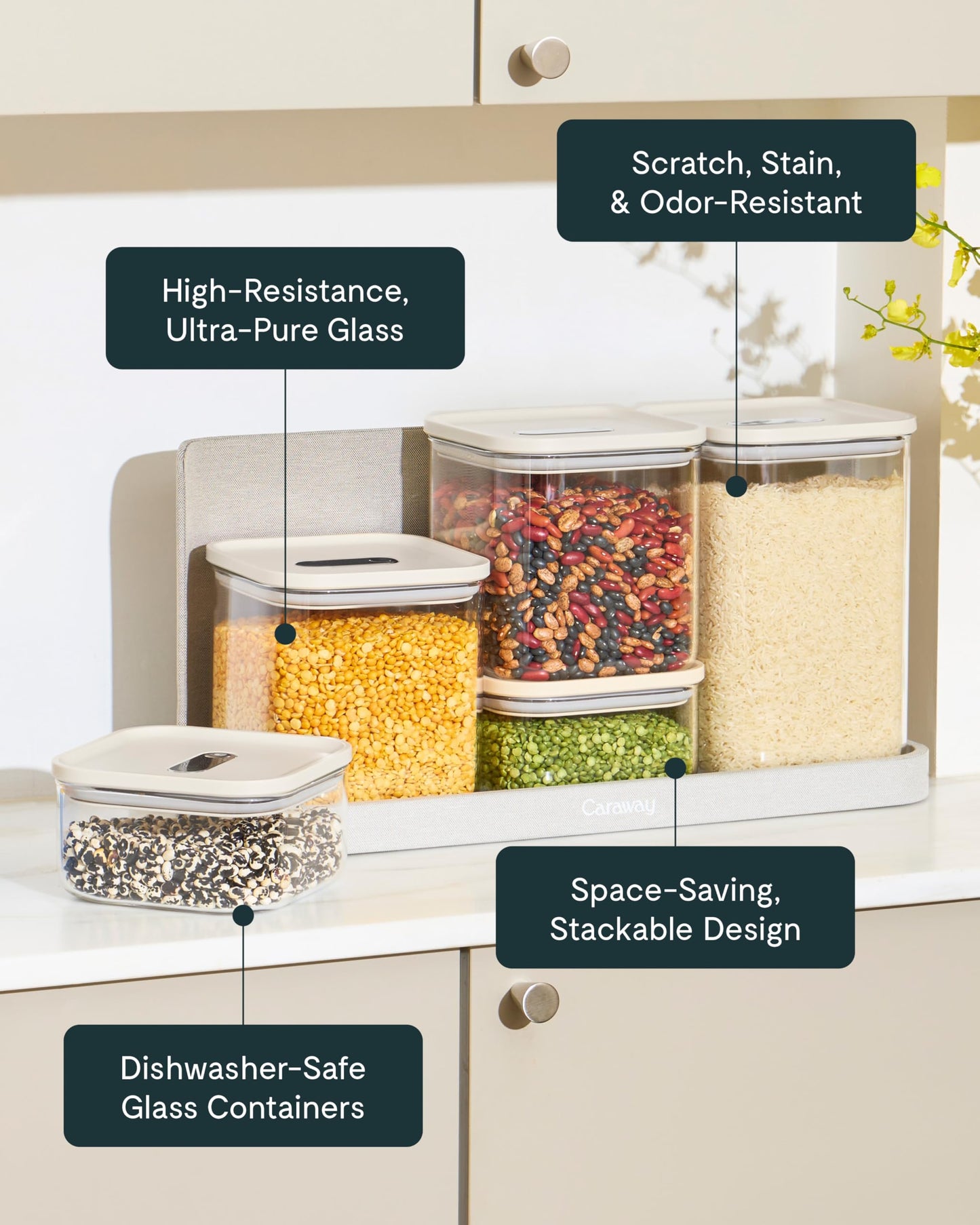 Caraway 13-Piece Glass Airtight Food Storage Containers with Lids – Non-Toxic, BPA-Free Kitchen Storage Containers – Stackable, Space-Saving Airtight Containers for Dry Goods and More - Cream