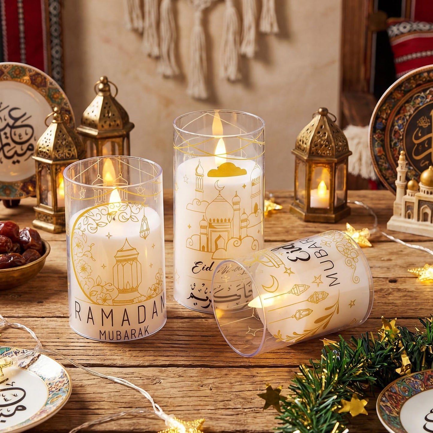 Huquary 3 Pcs Eid Mubarak Pillar Flameless Candles with Remote Ramadan Decorations Ramadan LED Flickering Candles Battery Operated Plastic Pillar Candlesticks for Eid Fit Gifts Home Decor, 3", 5", 6"