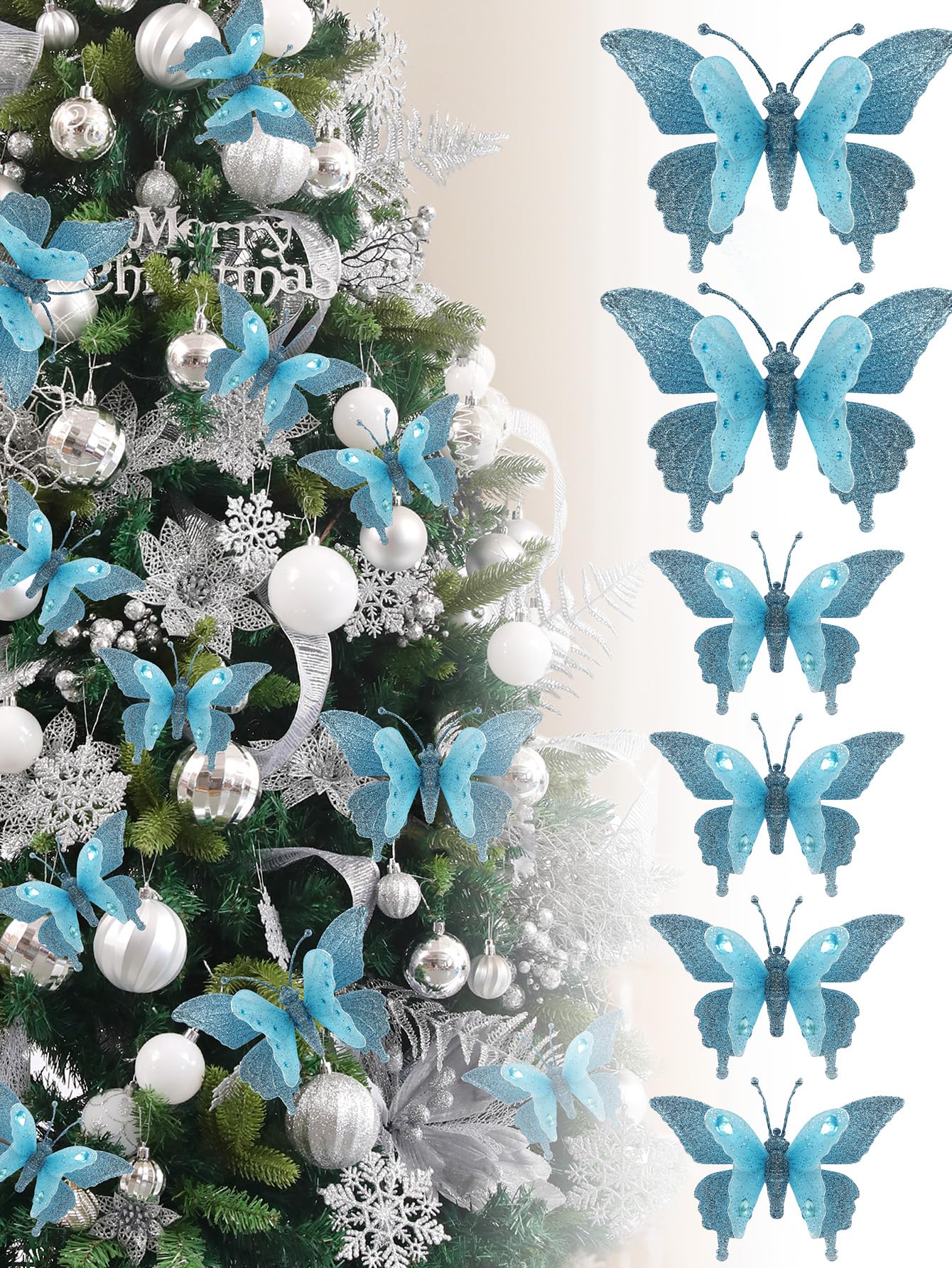 3D Glitter Christmas Butterfly Ornaments, 6 Pack Hanging Butterfly with Clip for Christmas Tree Decoration, Indoor Christmas Decoration (6, Blue &Diamonds)