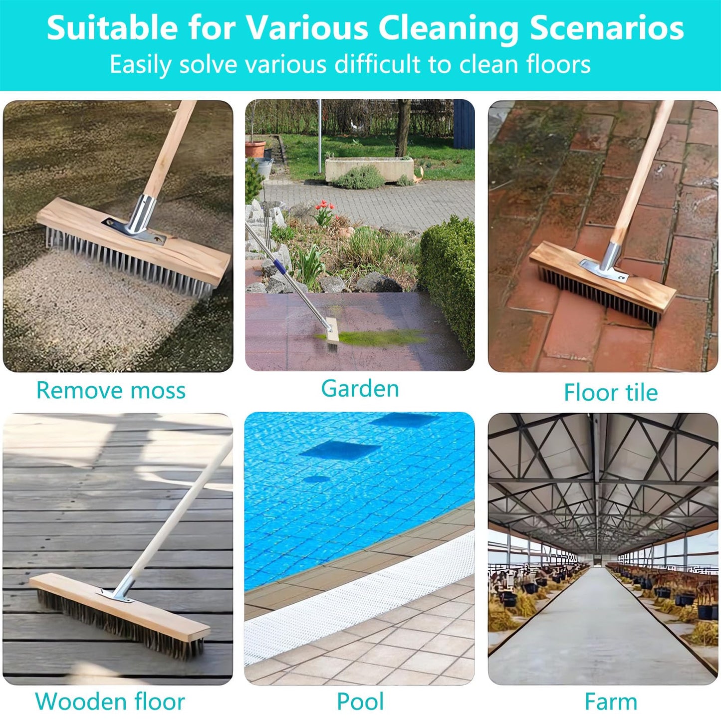 Concrete Scrub Brush - Concrete Brush Wire Broom with 62" Long Handle - Deck Brushes for Scrubbing Heavy Duty Stiff Metal Bristle Floor Scrubber Brushes for Cleaning Moss Grout Garage Patio