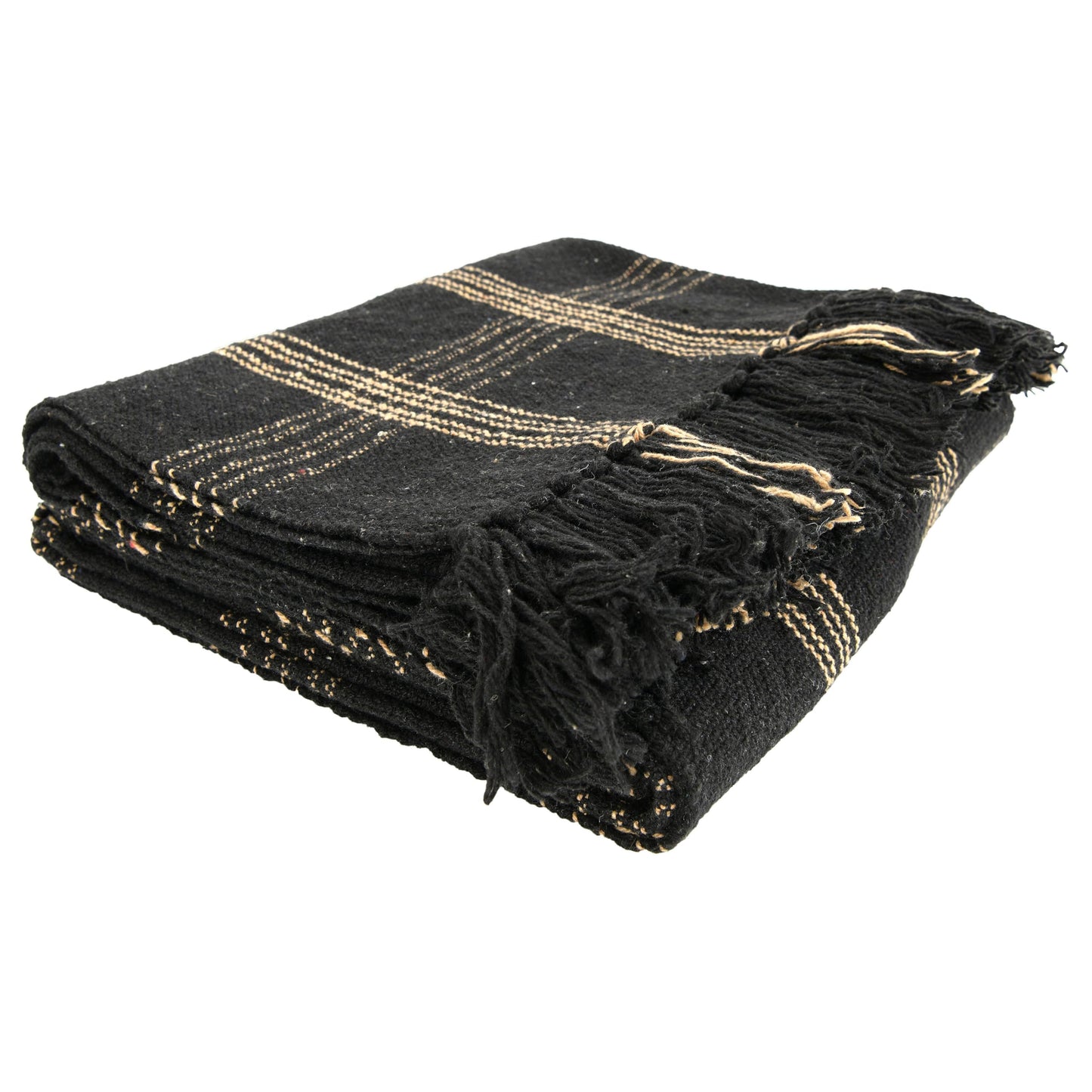 Plaid Black & Tan Fringed Woven Cotton Blend Throw