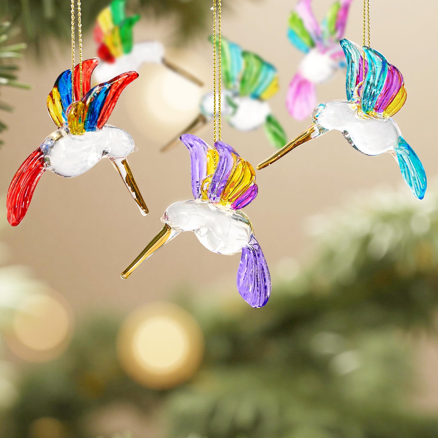 6Pcs Hand Blown Glass Hummingbird 1.3''*2.7'' Small Hanging Ornaments Crystal Humming Bird Figurines Collectible Decor for Home