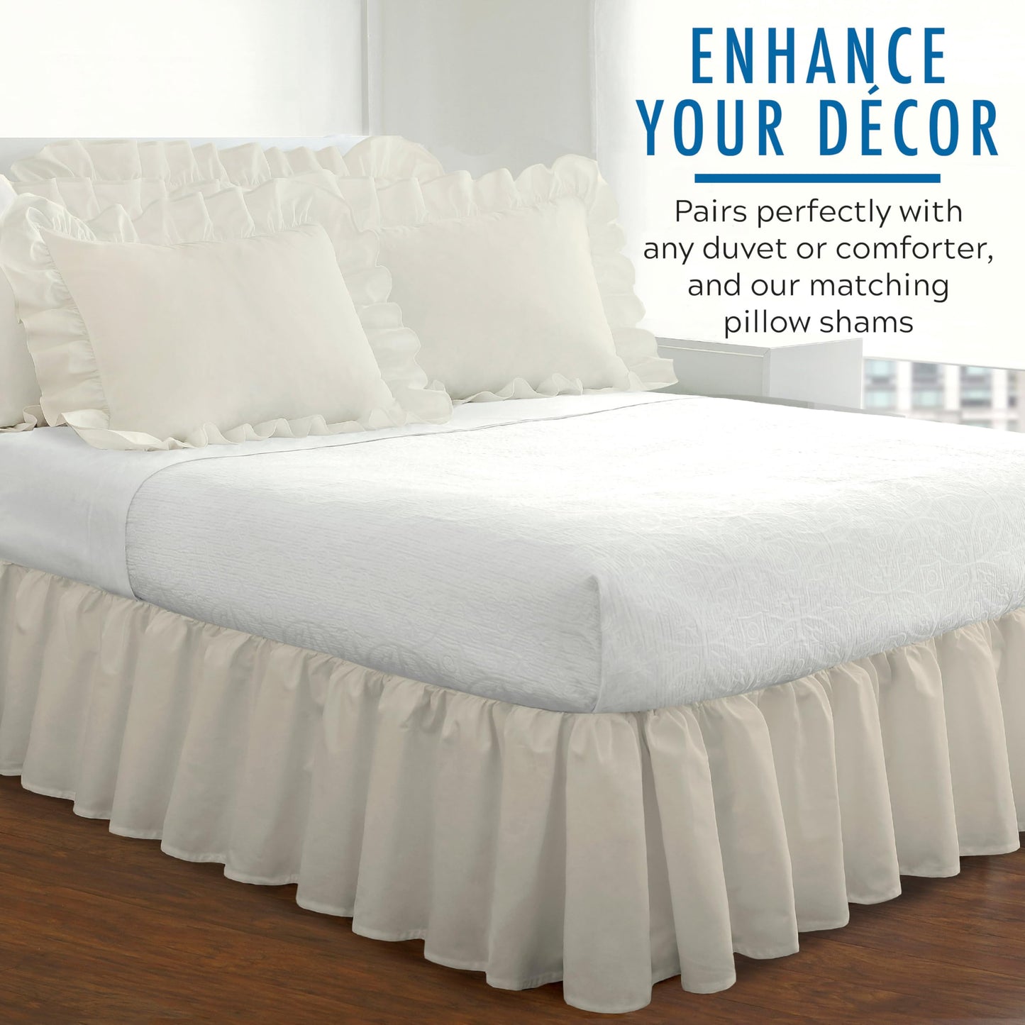 FRESH IDEAS Bedding Ruffled Bedskirt, Classic 14” Drop Length, Gathered Styling, Queen, Ivory (FRE30114IVOR03)