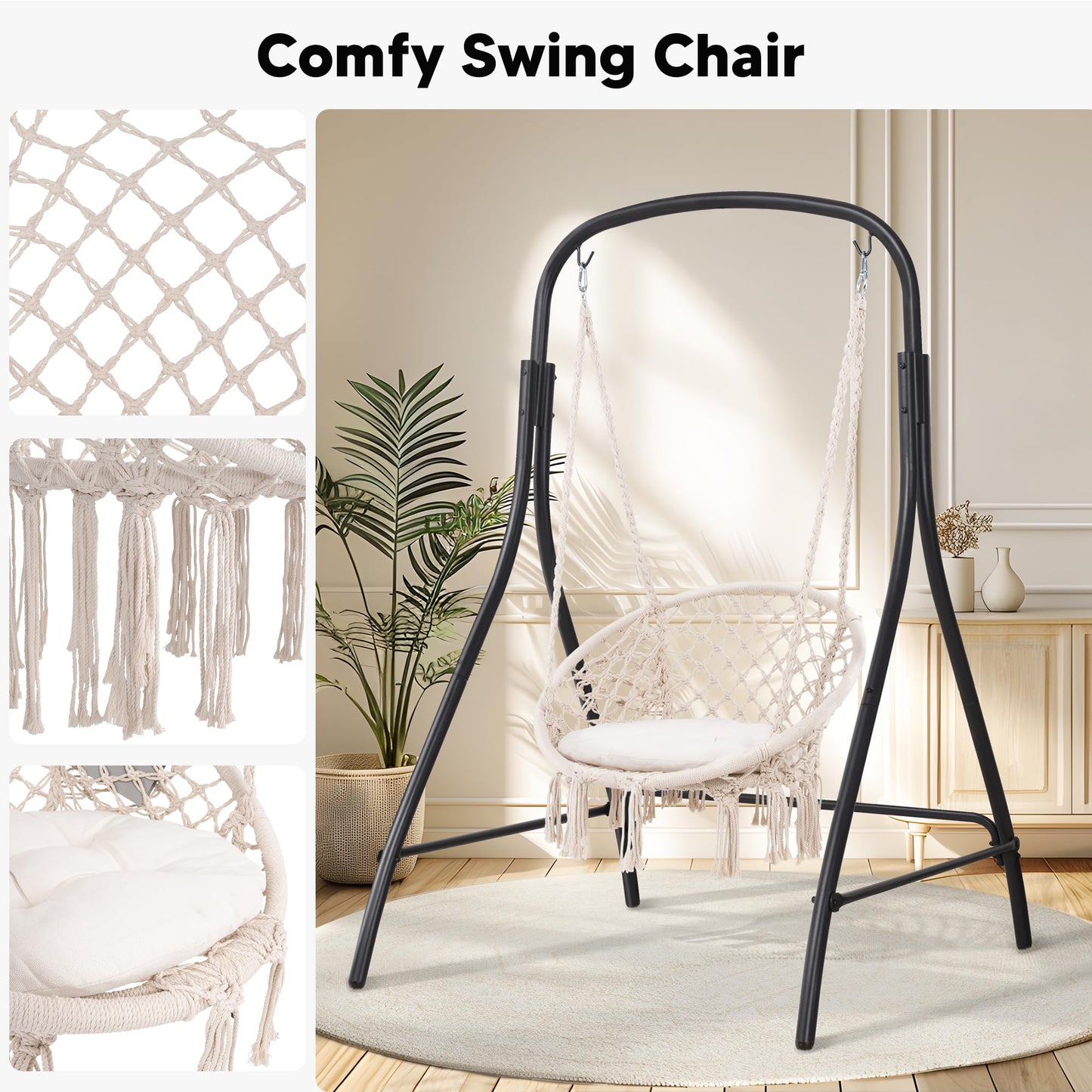 SUNCREAT Indoor Hammock Swing Chair with Stand, Hanging Chair Outdoor with Stand, 400 lbs Capacity, Beige
