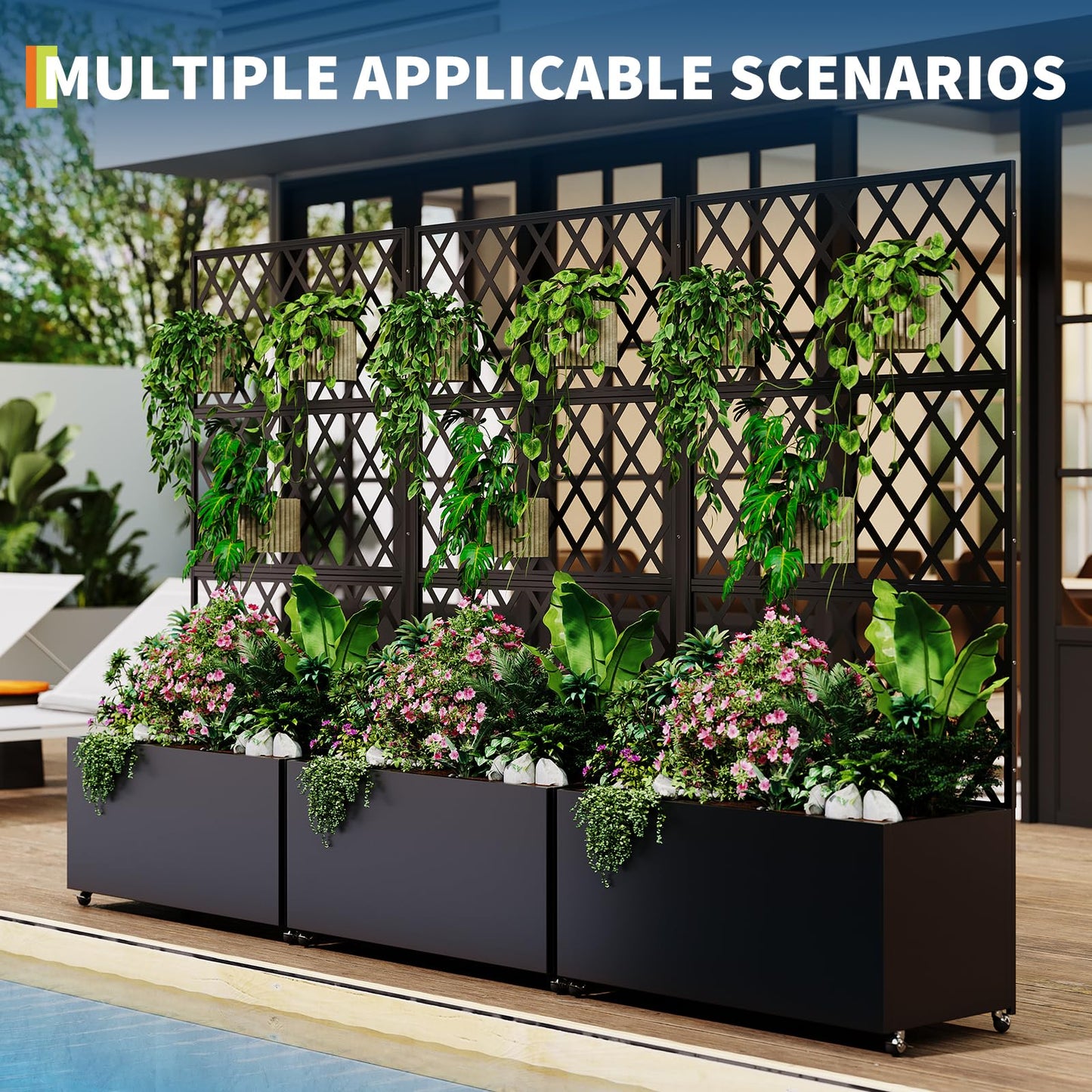 IDEAHOUSE Steel Raised Garden Bed w/Trellis & Privacy Screen - 71x46x16 in Planter Box w/Lockable Casters, Drainage Holes for Vines, Vegetables on Patio, Deck, Yard, Black