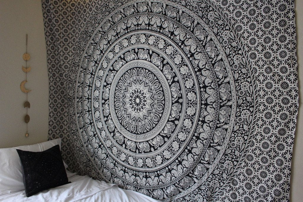The Boho Street - Exclusive Twin Black and White Elephant Tapestry, Beautiful Indian Wall Art, Perfect Valentine Gift, Hippie Wall Hanging, Bohemian Bedspread