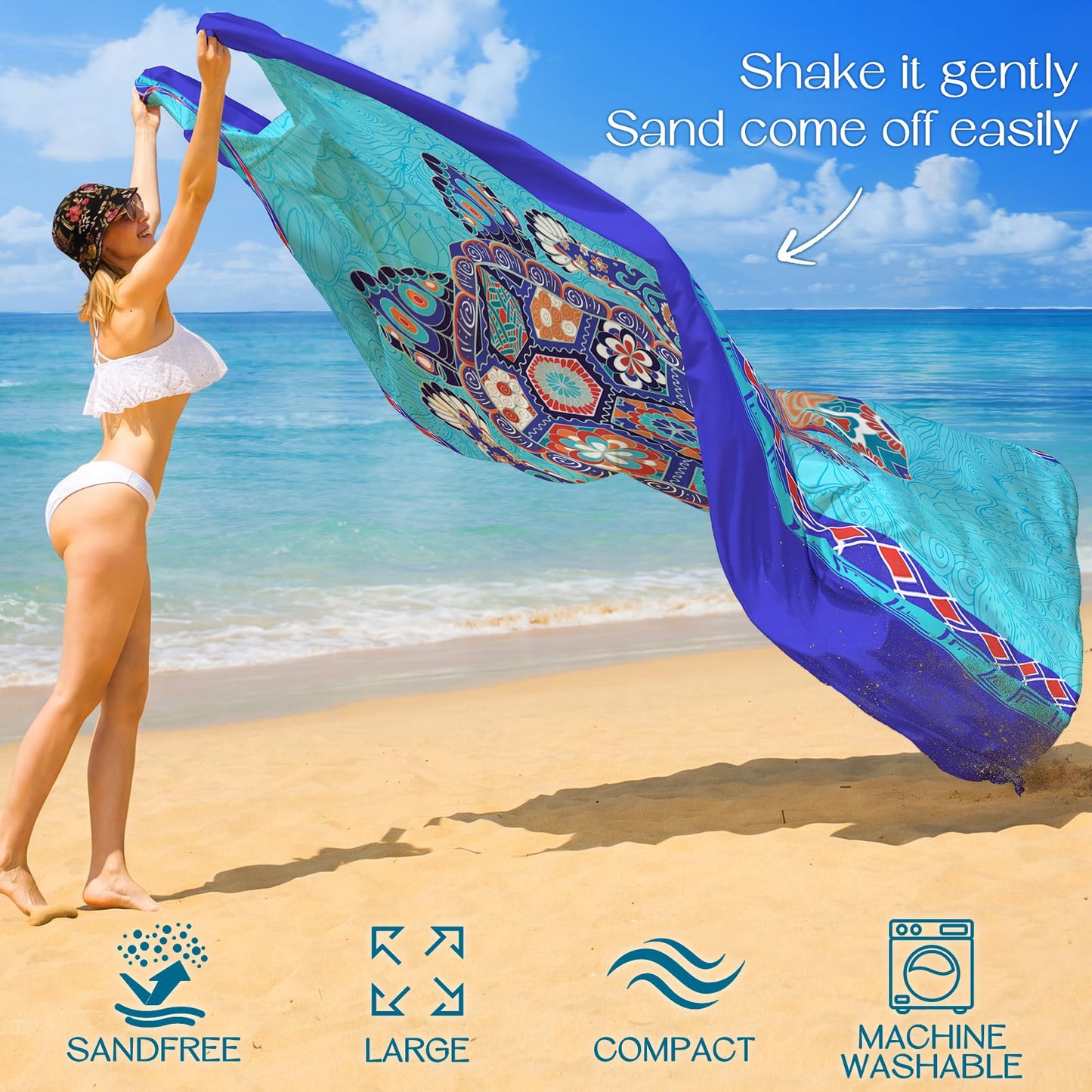 BYDOLL Beach Blanket Waterproof Sandproof Sea Turtle 78''×81'' 1-5 Adults Oversized Lightweight Large Picnic Mat Waterproof Sandproof Blanket for Beach Camping Hiking Travel
