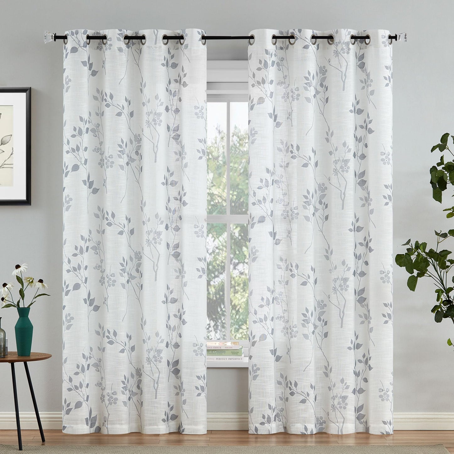 Beauoop Floral Linen Semi Sheer Curtains 84 Inches Long 2 Panels for Living Room Bedroom Grey Farmhouse Flower Patterned Light Filtering Textured Grommet Top Window Treatments Drapes, 50x84 2 Set