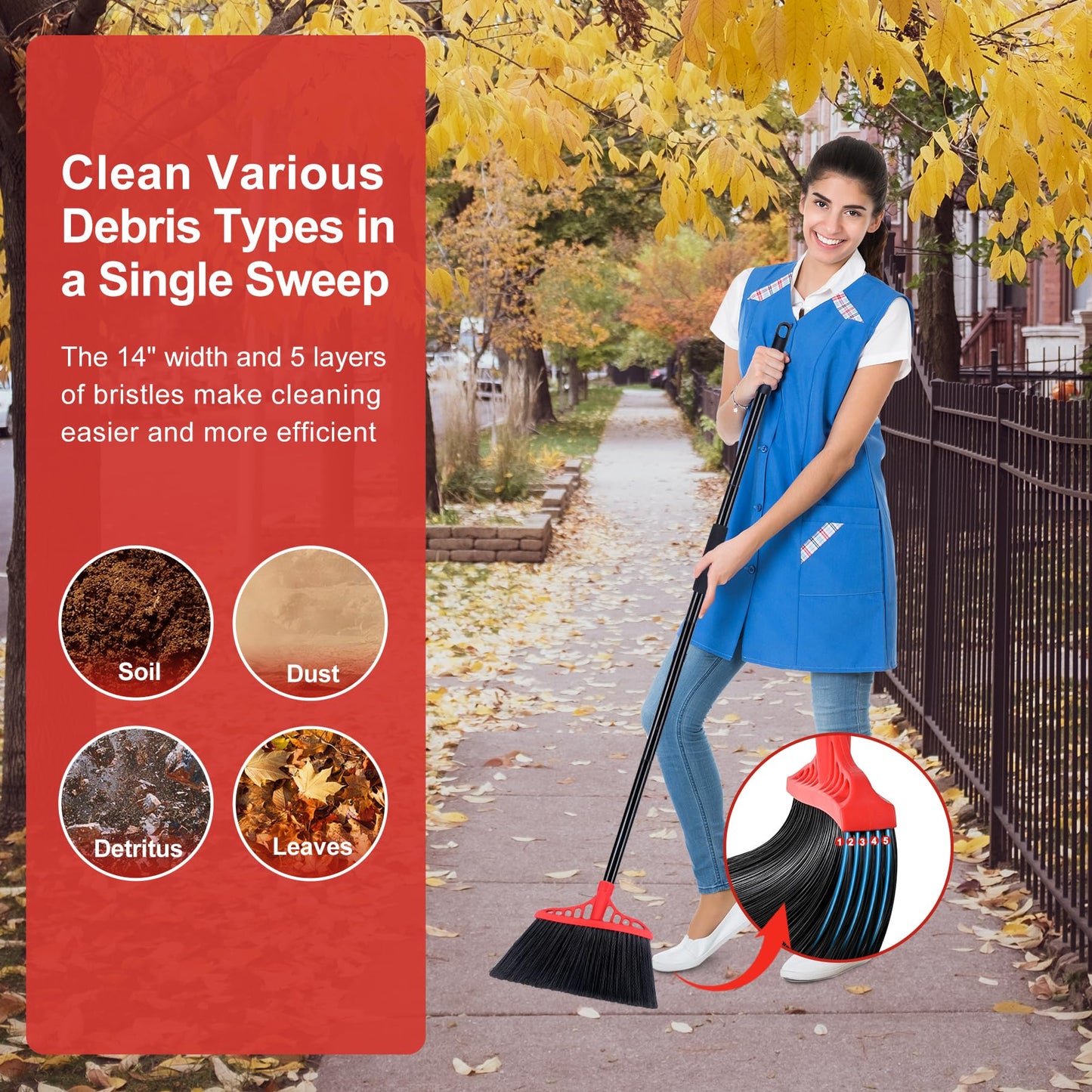 Tiumso Heavy Duty Angle Broom - 55" Adjustable Iron Handle with Stiff Bristles - Commercial-Grade Indoor/Outdoor Broom for Garage, Patio, Kitchen, Sidewalk & Concrete Cleaning (Black & Red)